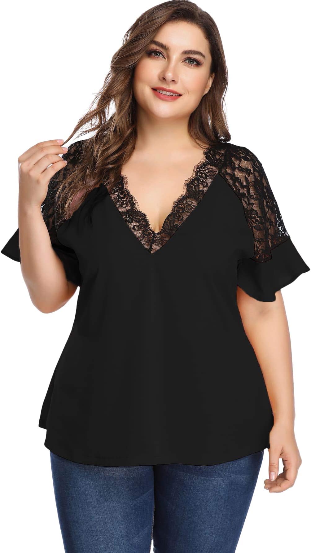 RomweWomen's Plus Size Elegant Short Sleeve Work Office Lace Deep V Neck Flounce Blouse Black 2XL