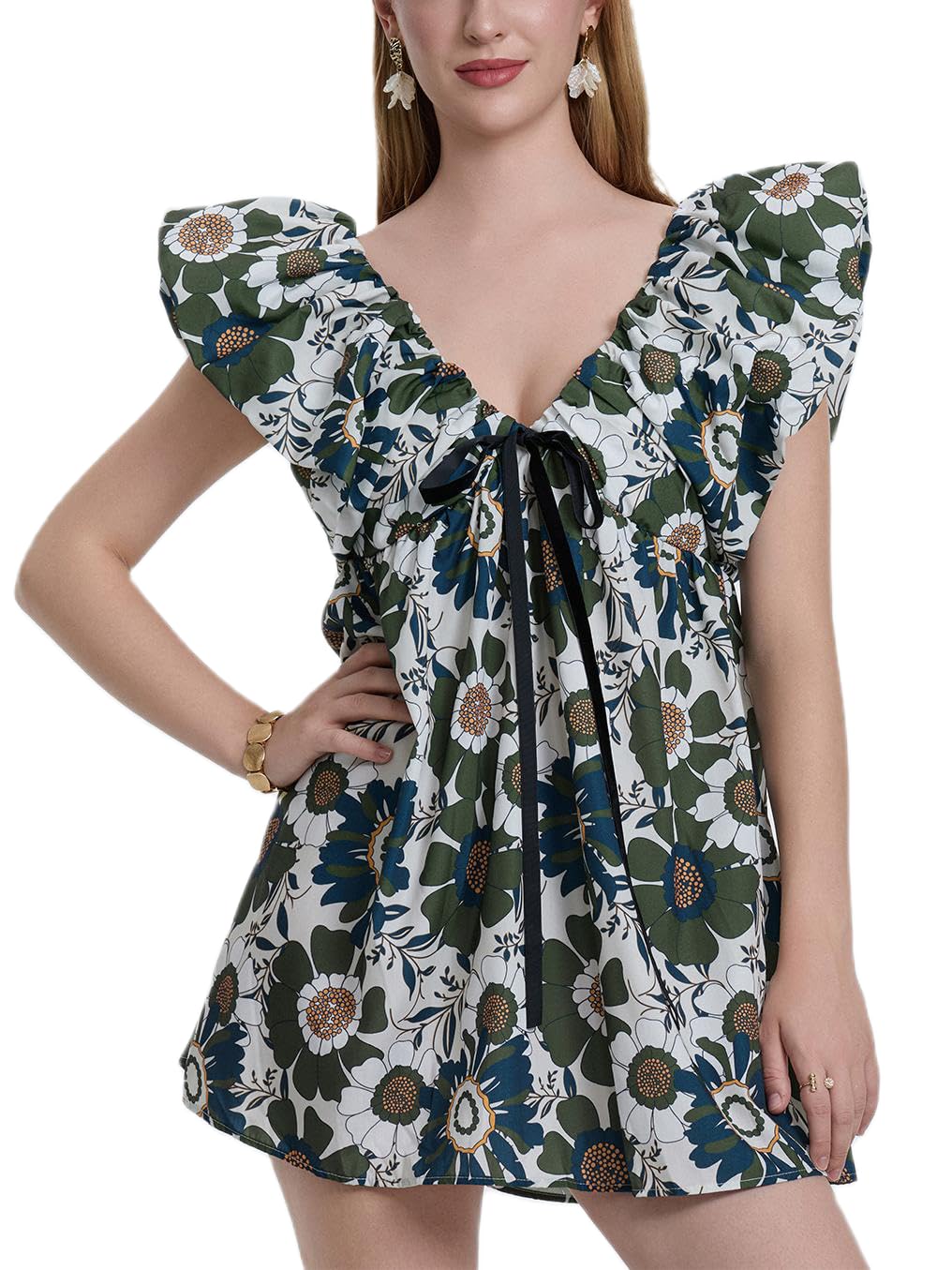 Sastianaen Women Y2k Floral Print Mini Dress Boho V Neck Puff Sleeve Short Dress Bow Tie Flowy Dress Beach Sundress