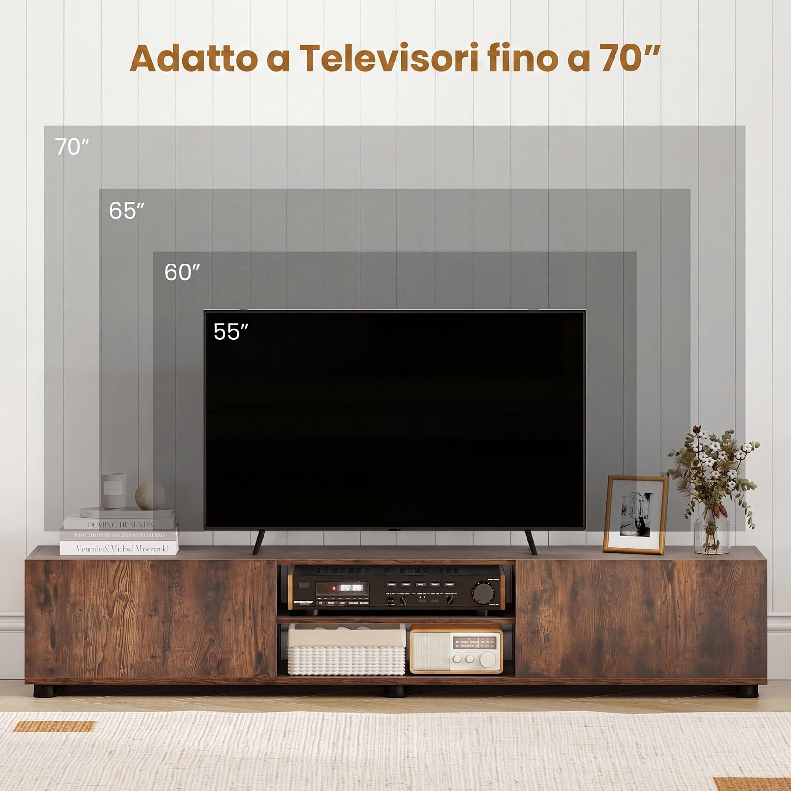 COSTWAY Mobile Porta TV Fino a 70", Supporto TV con 2 Mobiletti, 2 Ripiani Aperti e 6 Gambe di Sostegno, Tavolo Consolle per Televisore per Soggiorno e Camera da Letto, 160 x 35 x 30 cm (Marrone)