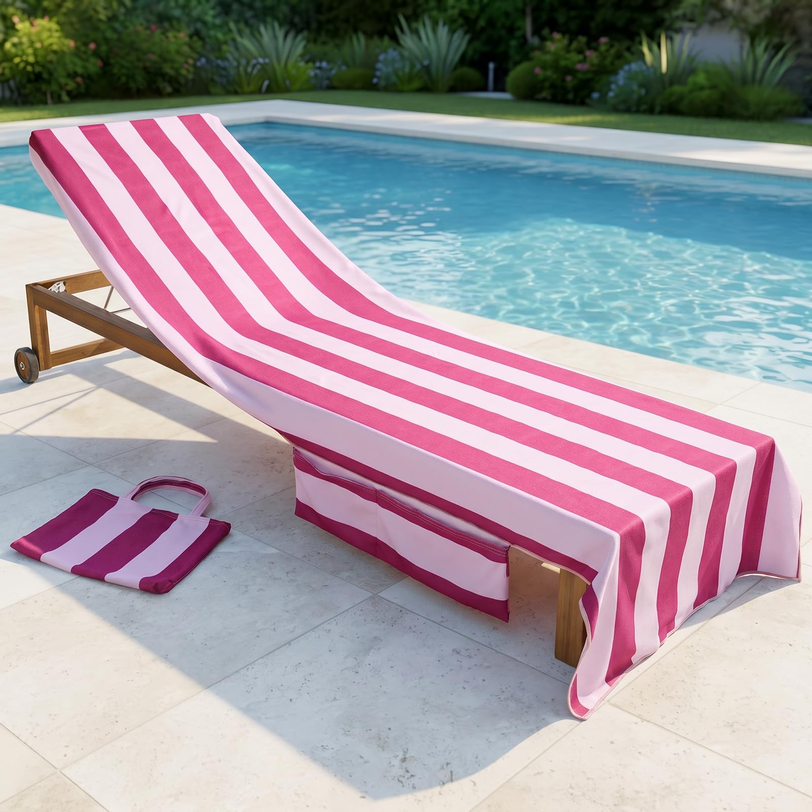 OHS Beach Towels for Adults Sun Lounger, Soft Quick-Dry Absorbent Stripe Sunbed Towels with Pockets Large Microfibre Beach Towel Summer Holiday Essentials, 75 x 215cm - Burgundy/Pink