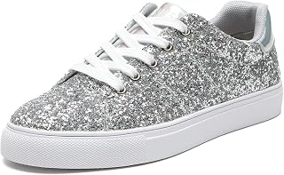 Women Glitter Sneakers Fashion Shiny Sparkle Sneakers Lightweight Rubber Outsole Non Slip Lace Up Walking Shoes