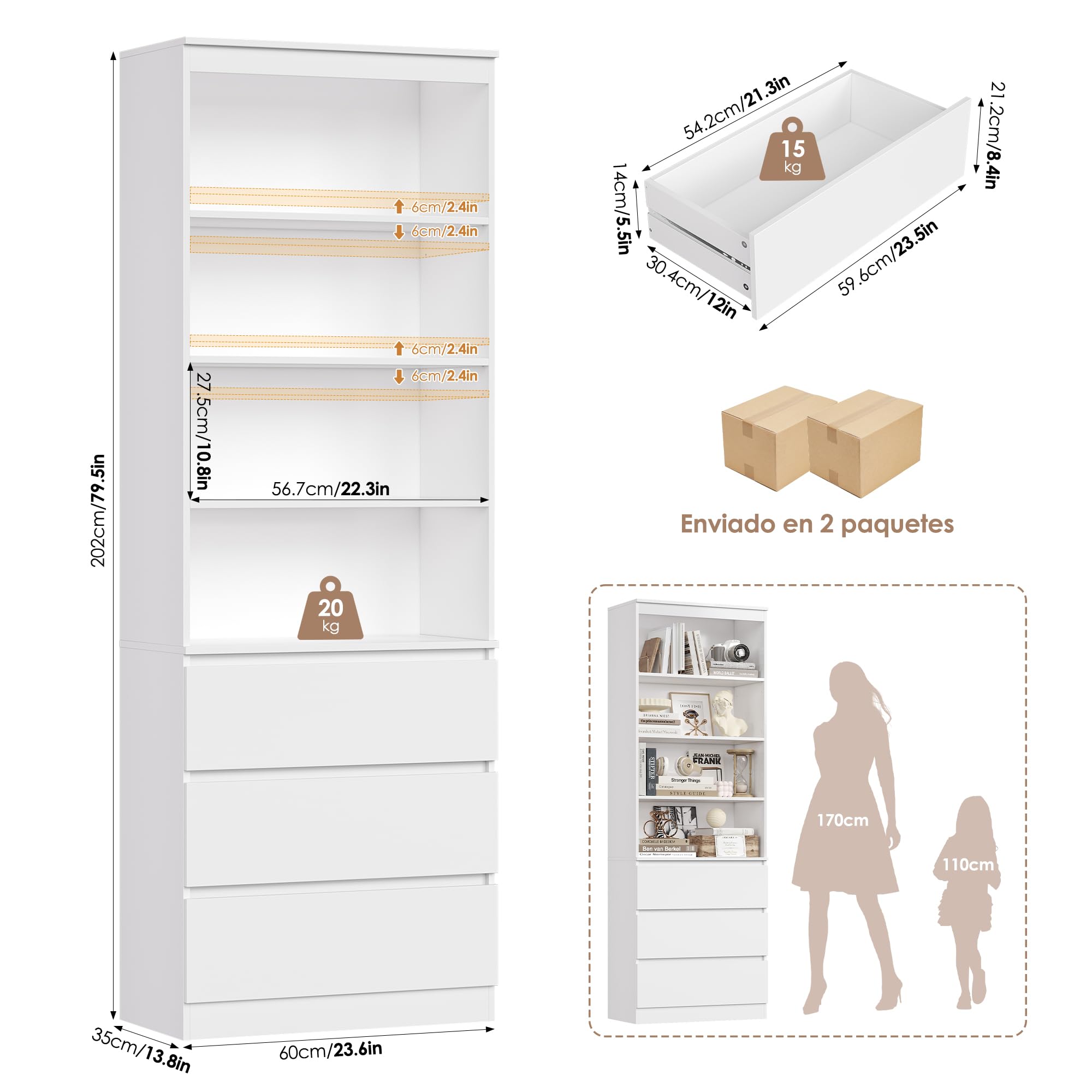 FirFurd 202cm Estantería con 3 Cajones, Estantería Libros, Librería, Estante, Mueble Almacenaje, para Oficina, Salón, Estudio, Comedor, Alta, 4 Compartimentos, Estantes Ajustables, Blanco, 60x35x202cm