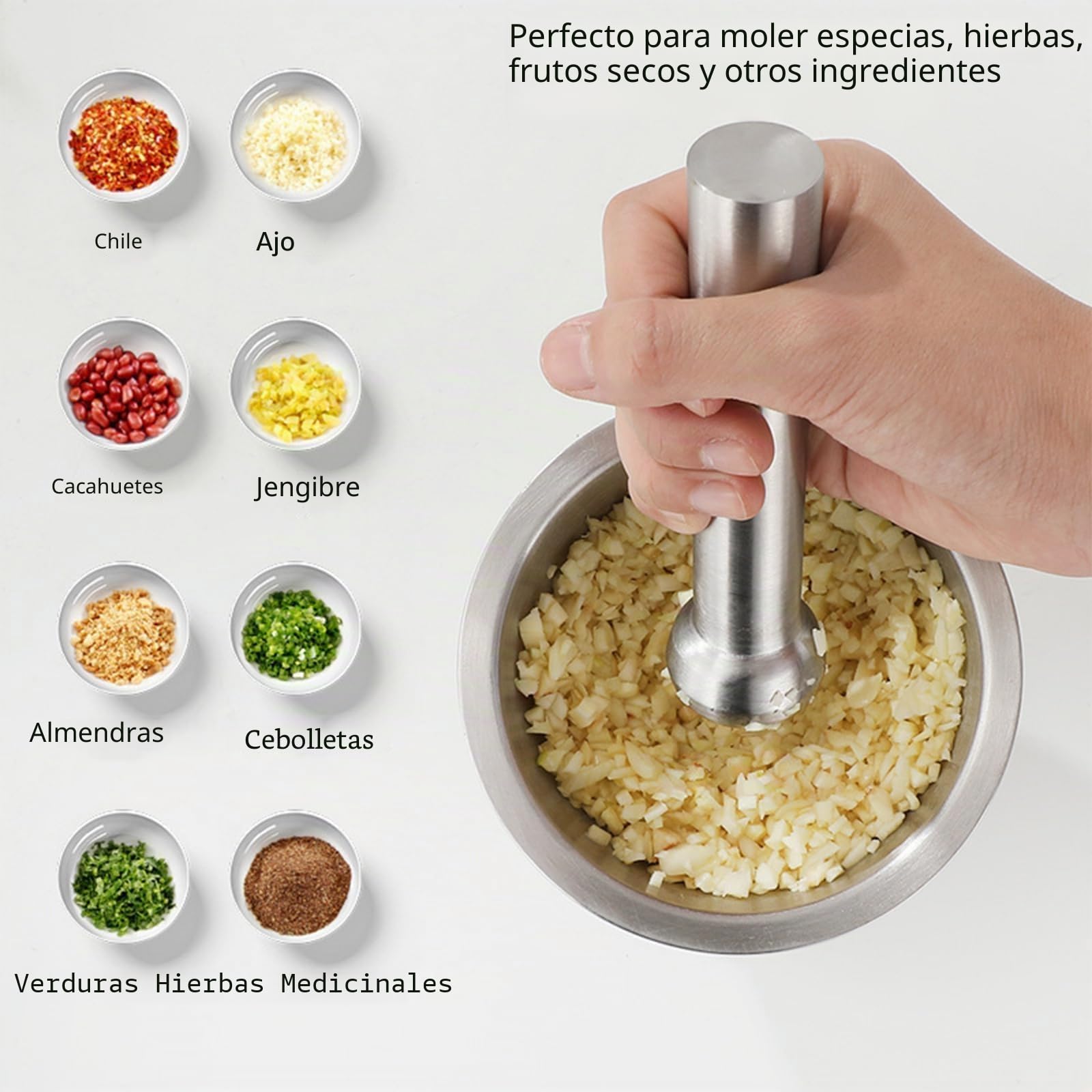 Mortero con Mano - Mortero Cocina - Mortero de Acero Inoxidable 304 con Tapa PE, diámetro 10 cm - Antióxido, Duradero - Para Moler Especias, Hierbas, Ajo, Nueces