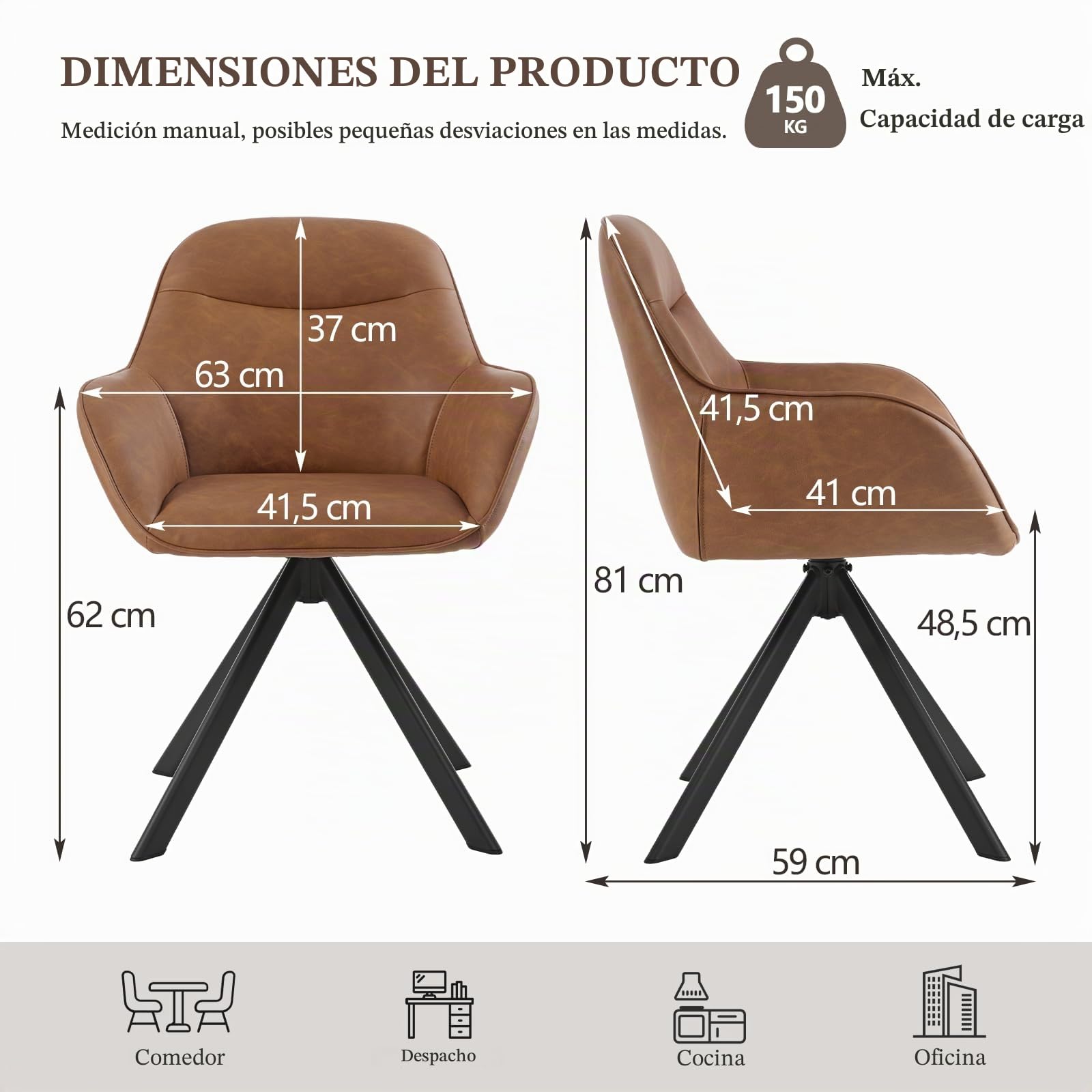 Pack de 2 Sillas de Comedor Giratorias con reposabrazos, Silla Giratoria 360°, Silla en Piel sintética, Silla de Oficina o Cocina, Marrón