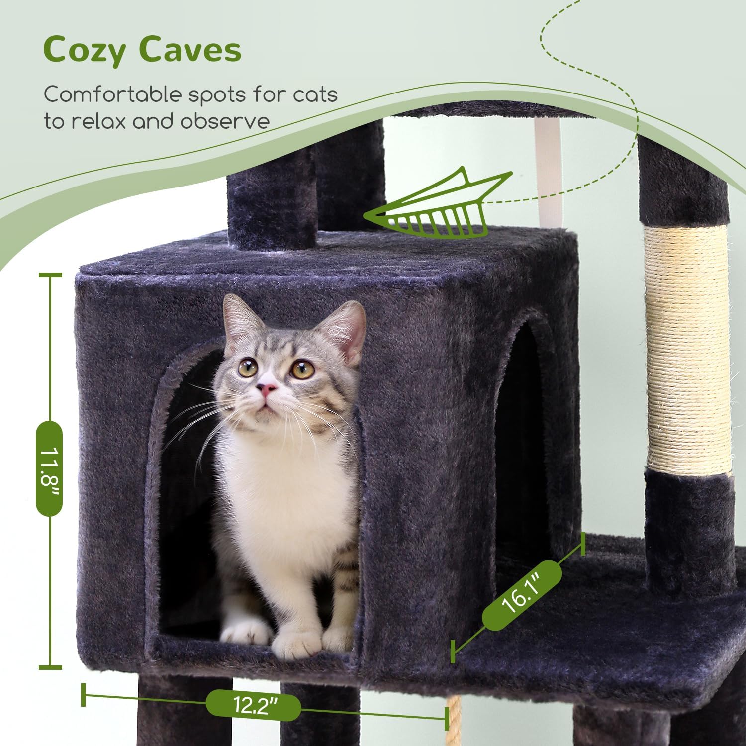Close-up image of a cat inside one of the cozy caves of the cat tree, with dimensions indicated.