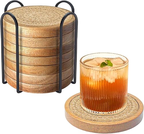 Miniatura 15 de Paquete de 5 posavasos absorbentes para bebidas, posavasos tejidos de 4.3 pulgadas para mesas de café, posavasos de madera para protección de mesa,