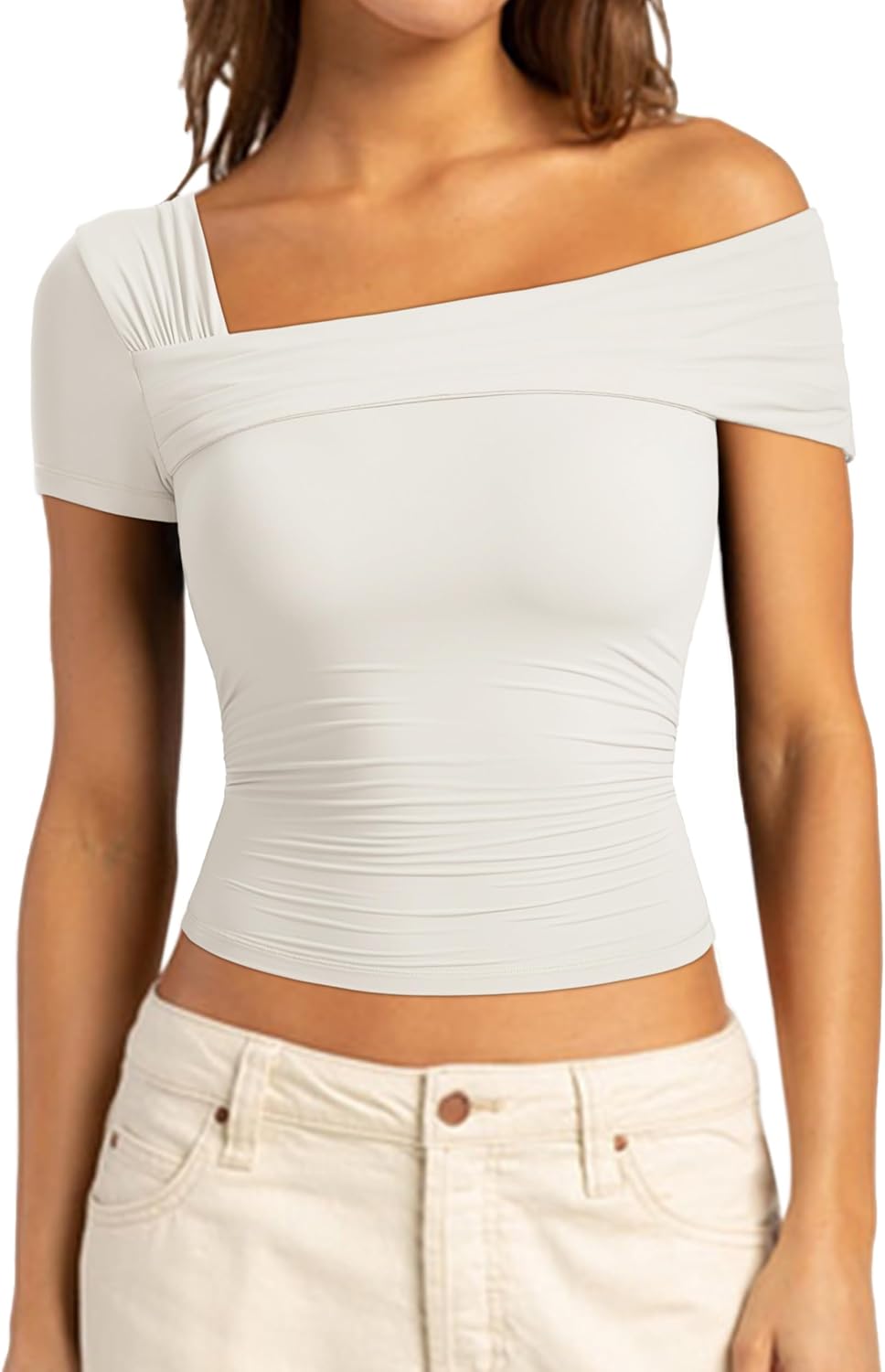 SUUKSESS Women One Off The Shoulder Summer Tank Tops Ruched Short Sleeve Shirts