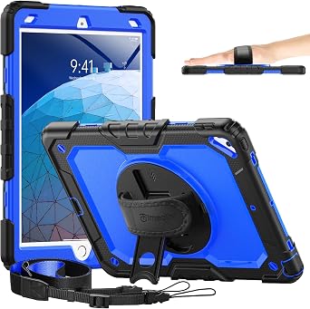 Timecity for iPad Air 3/ Pro 10.5 Inch Case, 360 Rotating Stand, Pencil Holder, Shockproof with Screen Protector & Shoulder Strap - Heavy Duty Protection Case for iPad Air 3rd Gen - Drak Blue