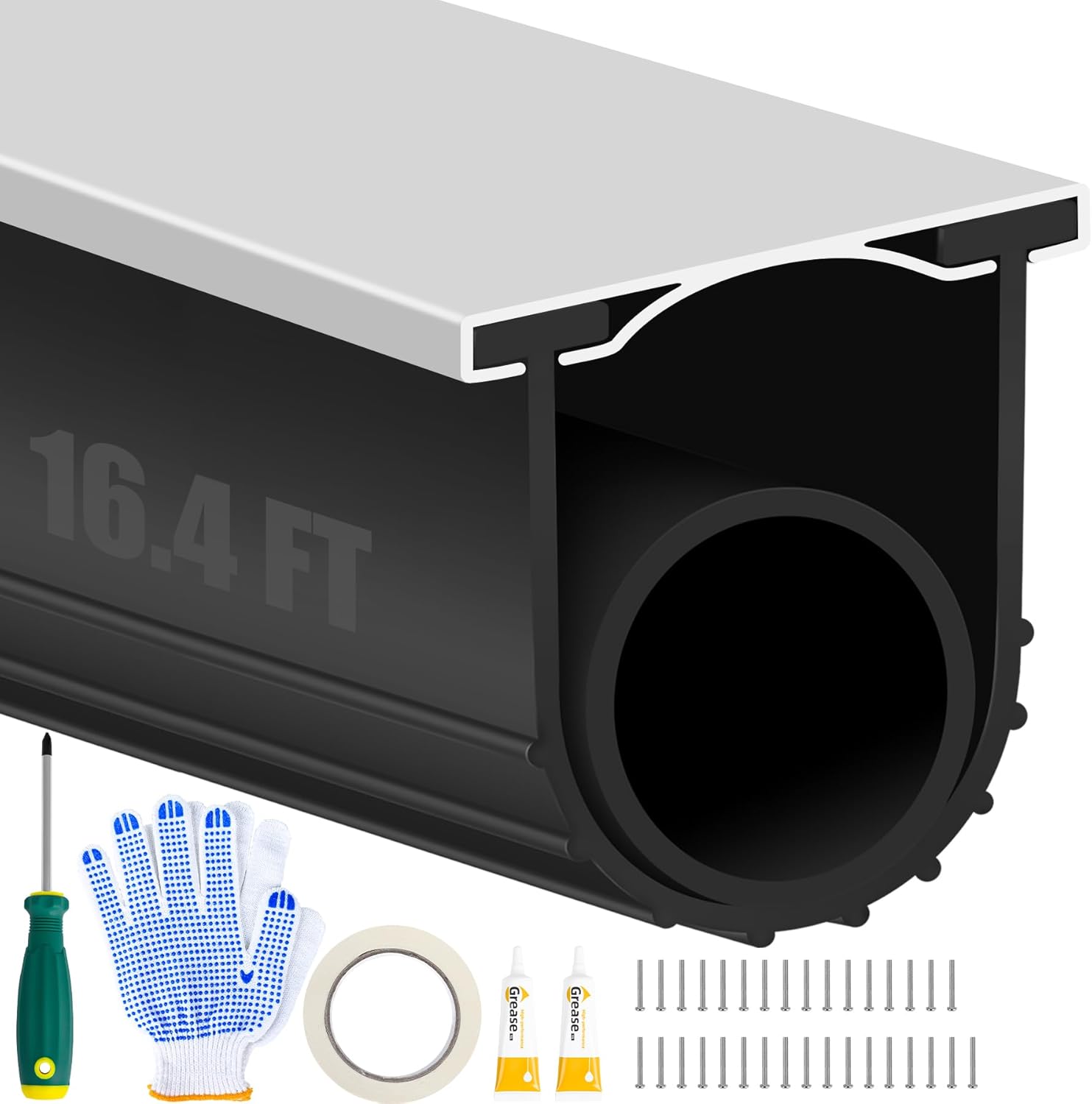 ToLanbbt Garage Door Bottom Rubber Seals, 16.4 FT Pre-drilled Aluminum Track Retainer Kit, Garage Door Weather Stripping Kit Universal U+O Ring Weatherproof Rubber Bottom Strip (1.57" Width, Black)