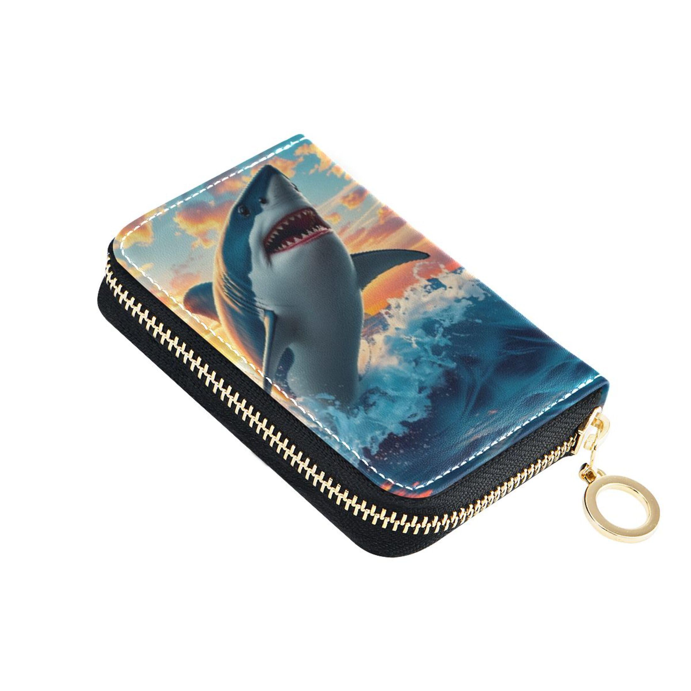 Burbuja Shark Breaching Credit Card Holder for Women Men RFID Blocking, Leather Accordion Zipper Card Case Wallet 11 Slots