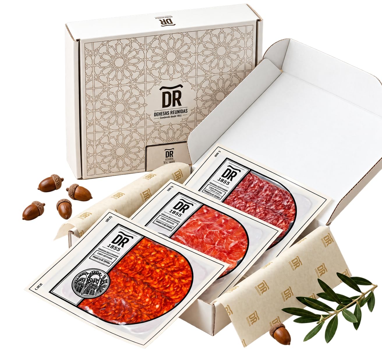 Dehesas Reunidas Surtido Ibérico de Bellota 100% Loncheado a Máquina - PACK 6 SOBRES de 80 g - 2 Salchichón, 2 Caña de Lomo y 2 Chorizo - Curación Artesanal