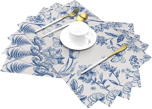 Miniatura 7 de Juego de 4 manteles individuales de tela de mariposa vintage para mesa de comedor, manteles individuales tejidos florales rectangulares de tela