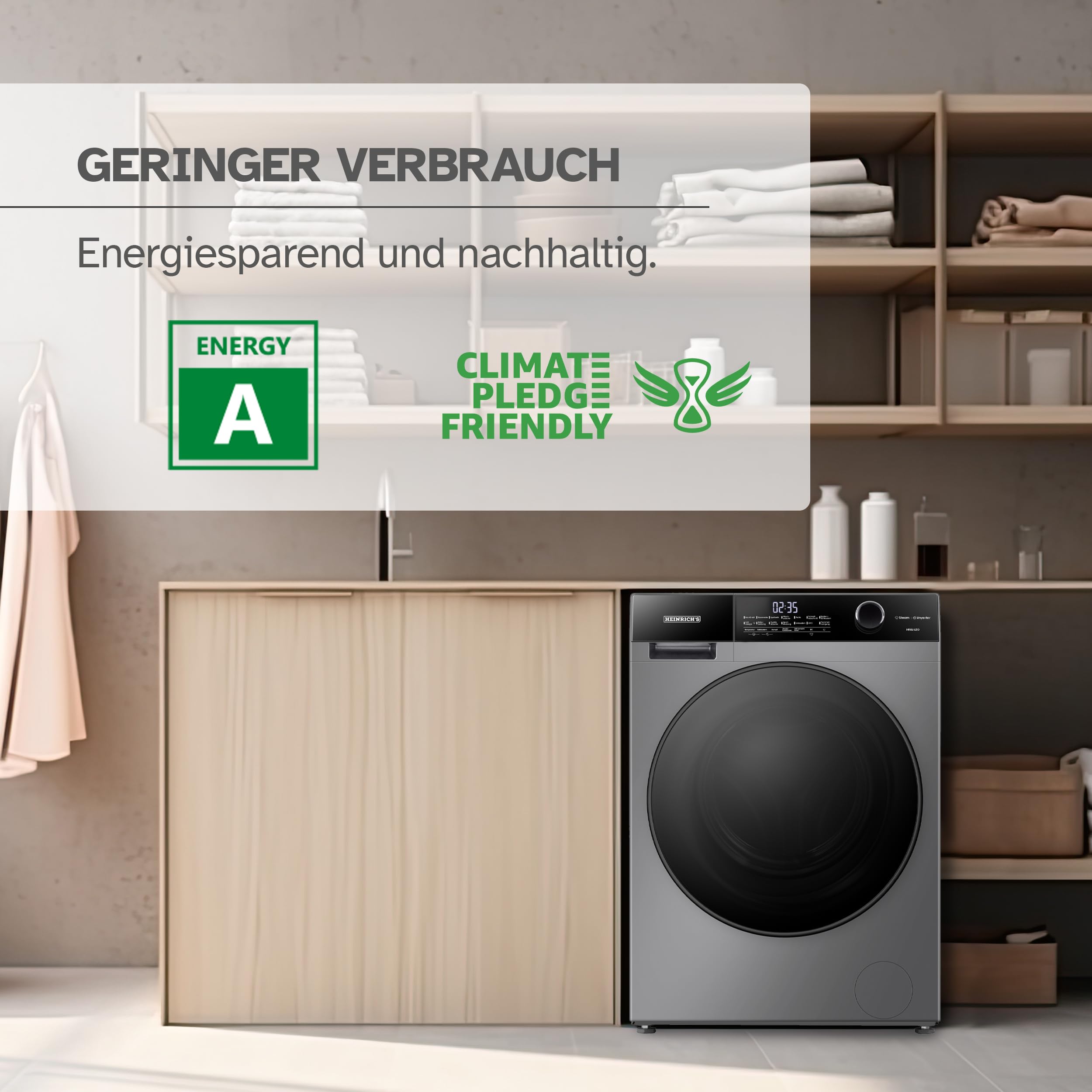 Heinrich´s Waschmaschine, Steam-Funktion, 10kg Mega Kapazität, 15 Programme, 1400 U/min., Aqua-Stop, LED-Display, Endzeitvorwahl, mit Kindersicherung, langlebiger und leiser Inverter Motor,Titan-Grau