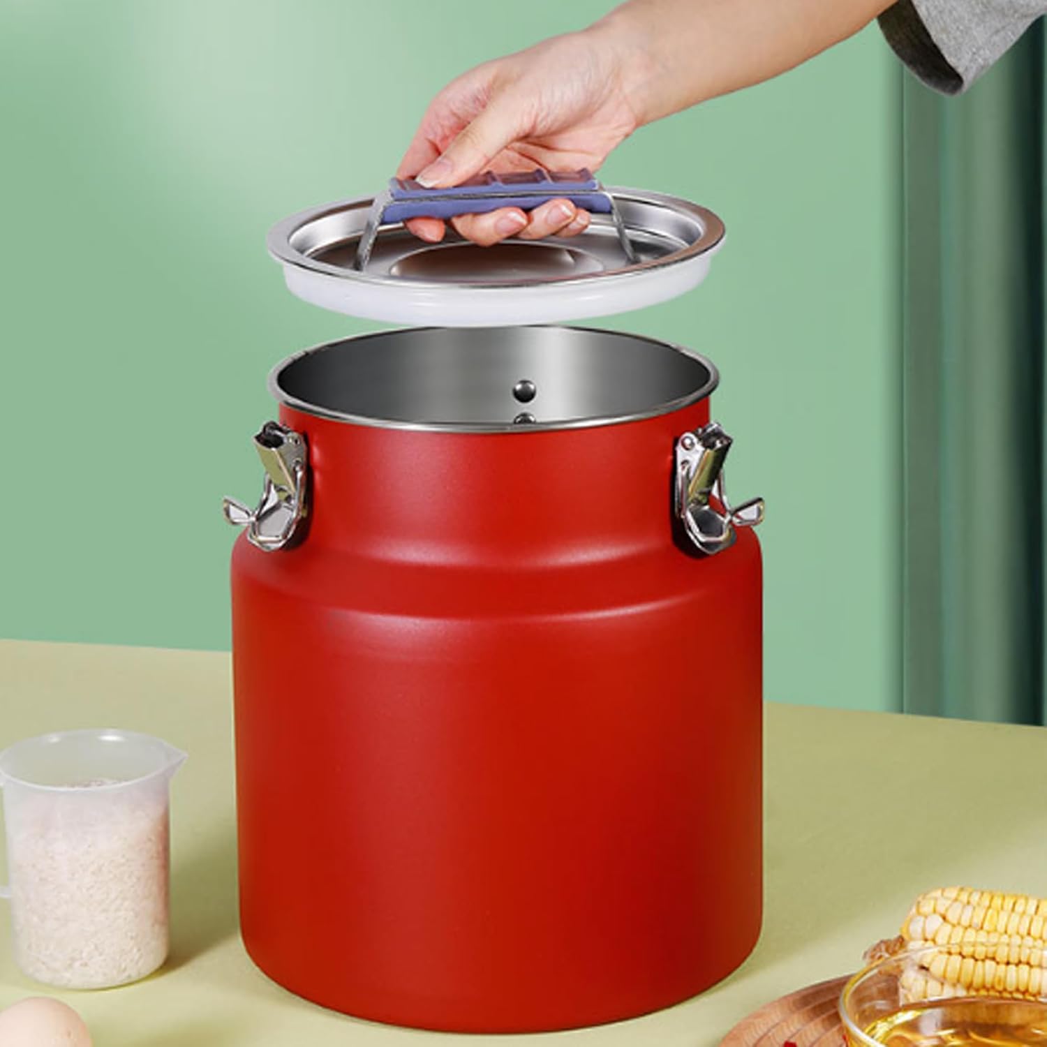 Rice Storage Container Stainless Steel Food Containers with Lids Airtight Seal Ergonomic Handle Cinnabar Red
