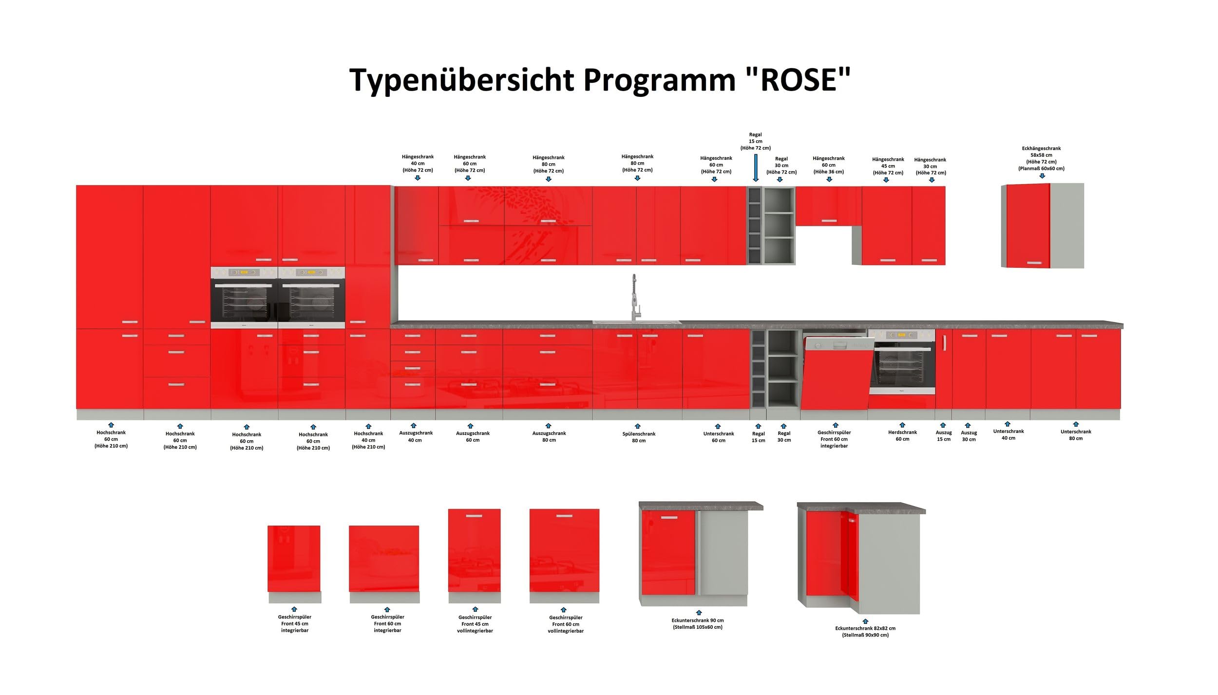 Küchen Hochschrank 40 Glanz Rot + Grau Küchenzeile Küchenblock Küche Rose Bianca