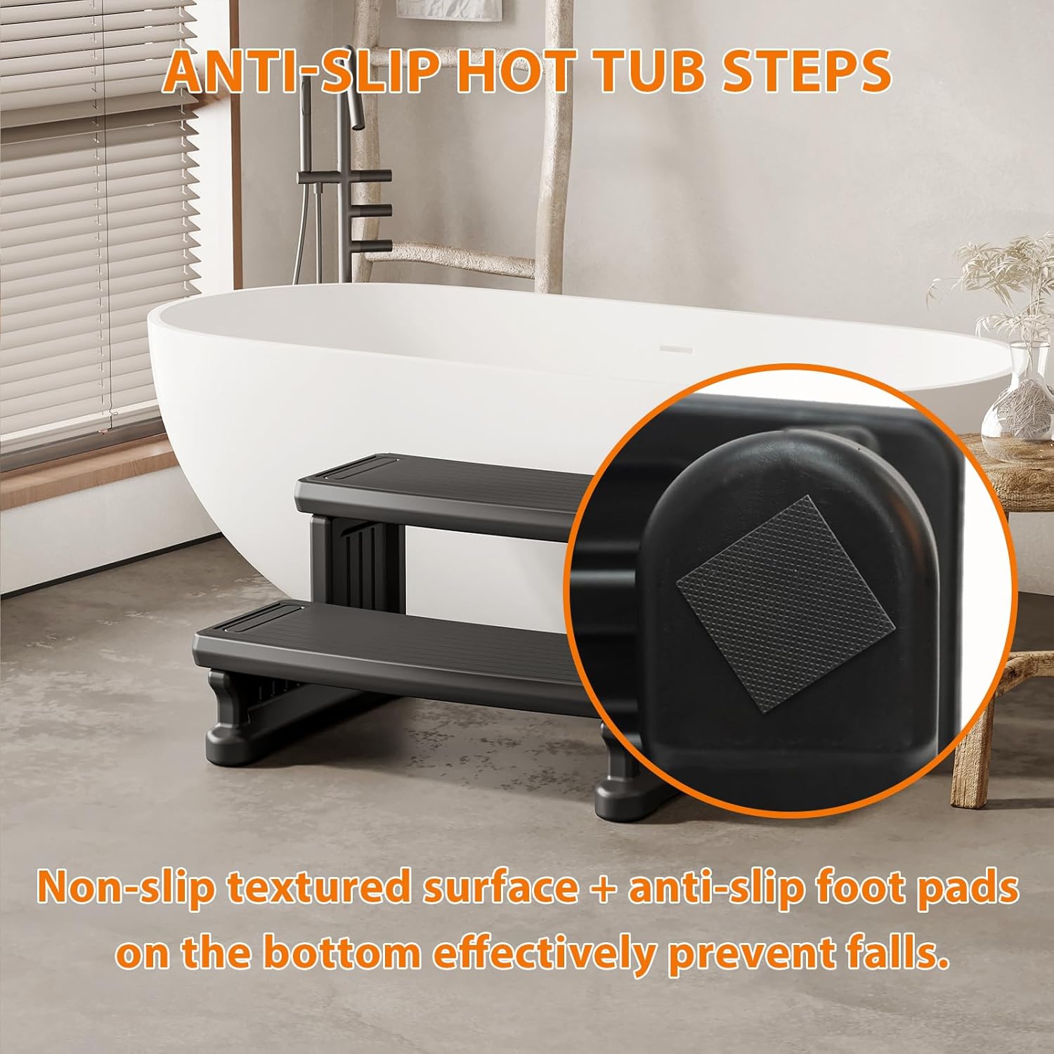 Heavy-Duty Resin Hot Tub Steps – 500 lbs Load Capacity, Non-Slip Portable 2-Step Design, Tool-Free Assembly, Versatile for Hot Tub, Spa, Pool, Patio, Porch, RV, Black.