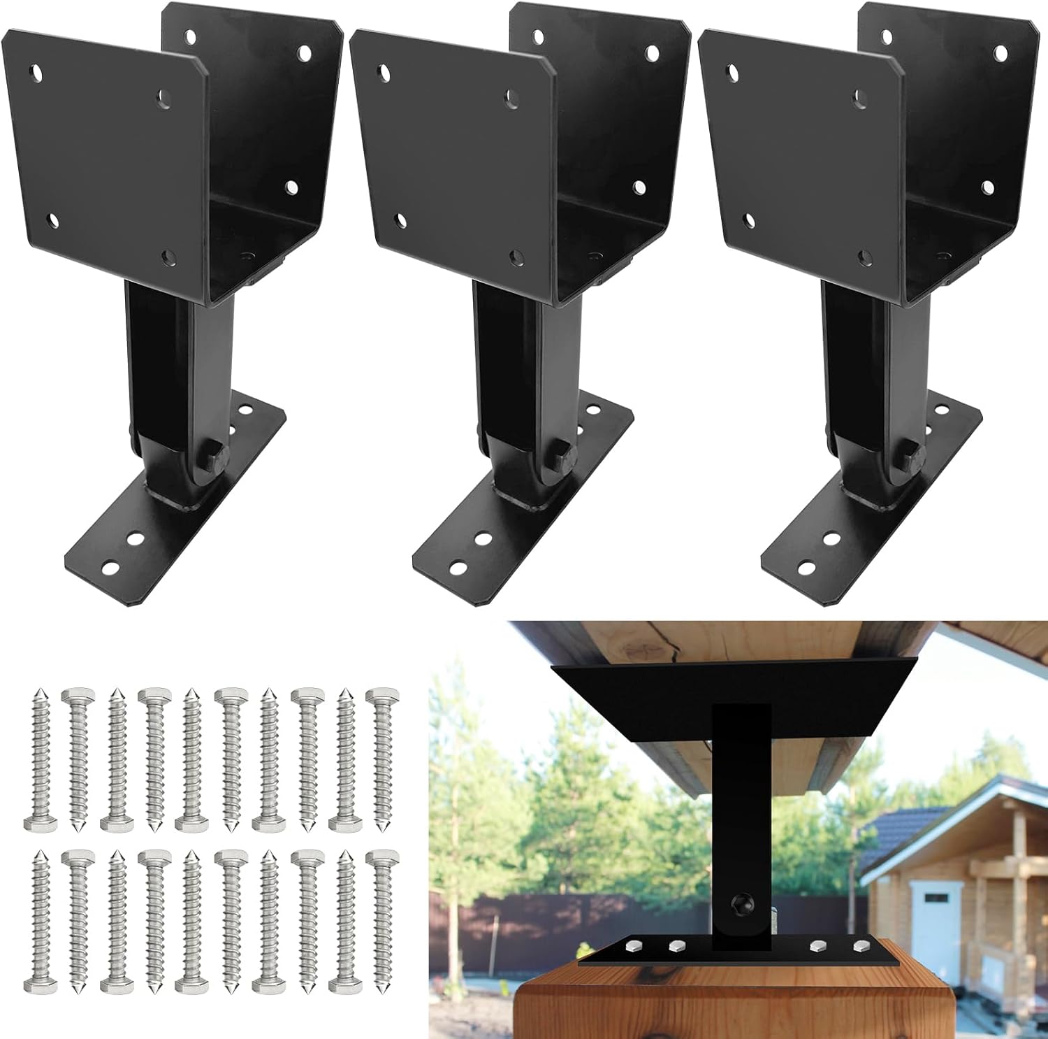 DEVALLEY Roof Riser Brackets kit for Pation Pergola,Adjustable Angle Woodwork Post Brackets for 4x4 4x6 Lumber,Black Heavy Duty Roof Pergola Gazebo Patio Cover W/Hardware - 3Pack