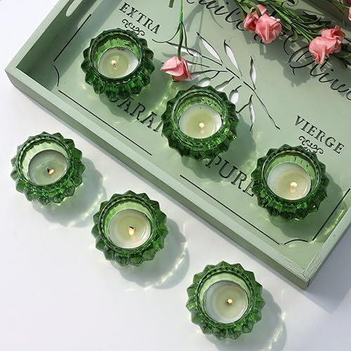 Miniatura 7 de Woho Juego de 12 portavelas con velas de té verde, portavelas votivas verdes a granel para centro de mesa de boda, portavelas para fiesta de