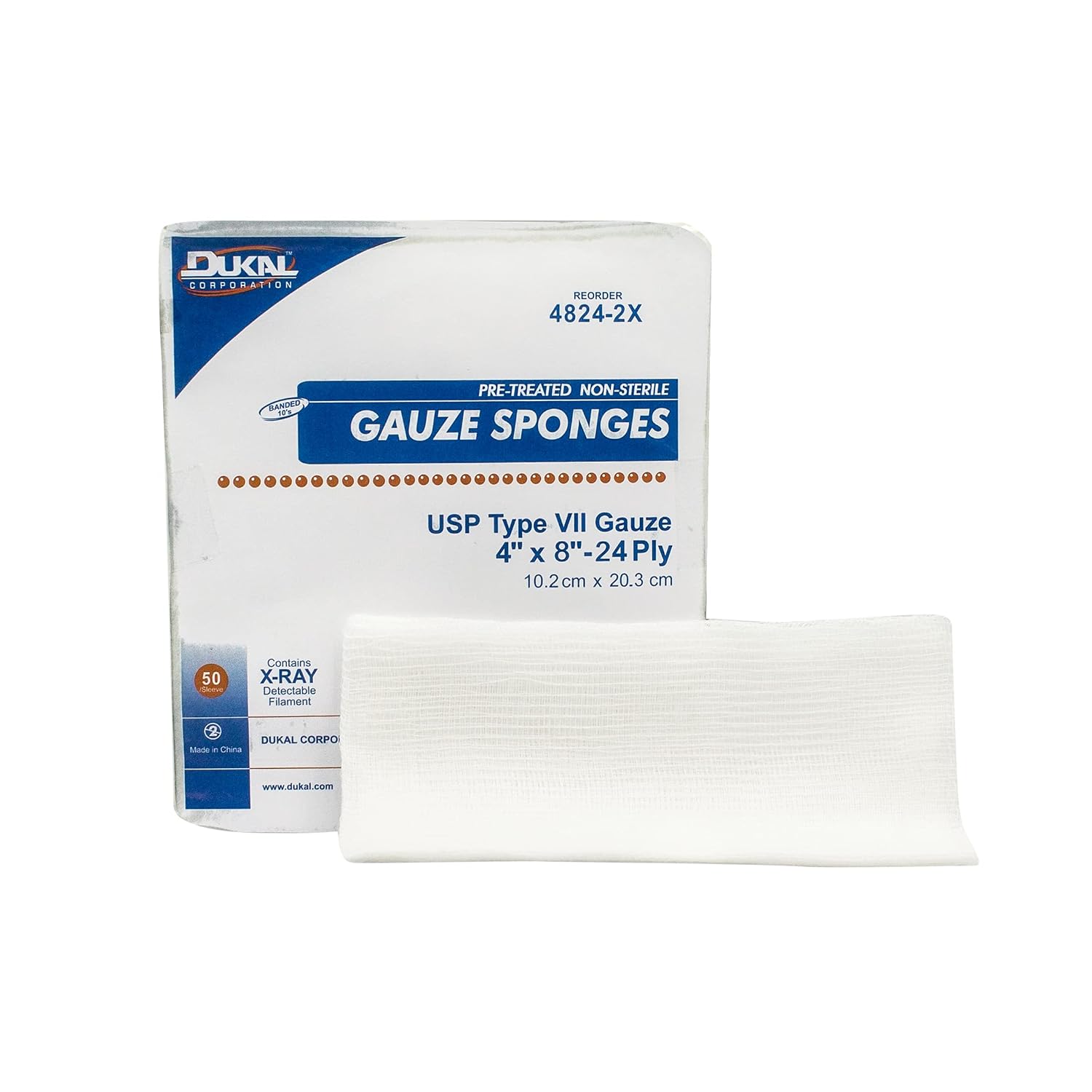 Dukal 4824-2X Gauze Sponge, Type VII, Non-Sterile, X-Ray Detect, 24-Ply Premium, 8" x 4", Pack of 1000