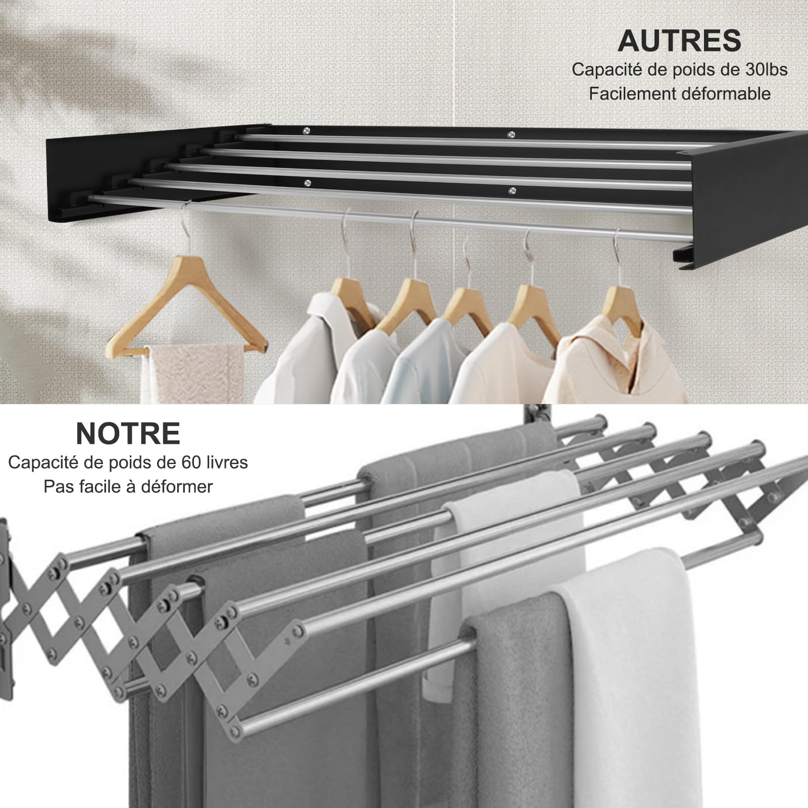Séchoir à Linge Mural, Étendoir à Linge Rétractable, Séchoir à Linge Pliable pour Intérieur et Extérieur, Economiseur d'espace Design Compact et Élégant (Noir, 80cm)