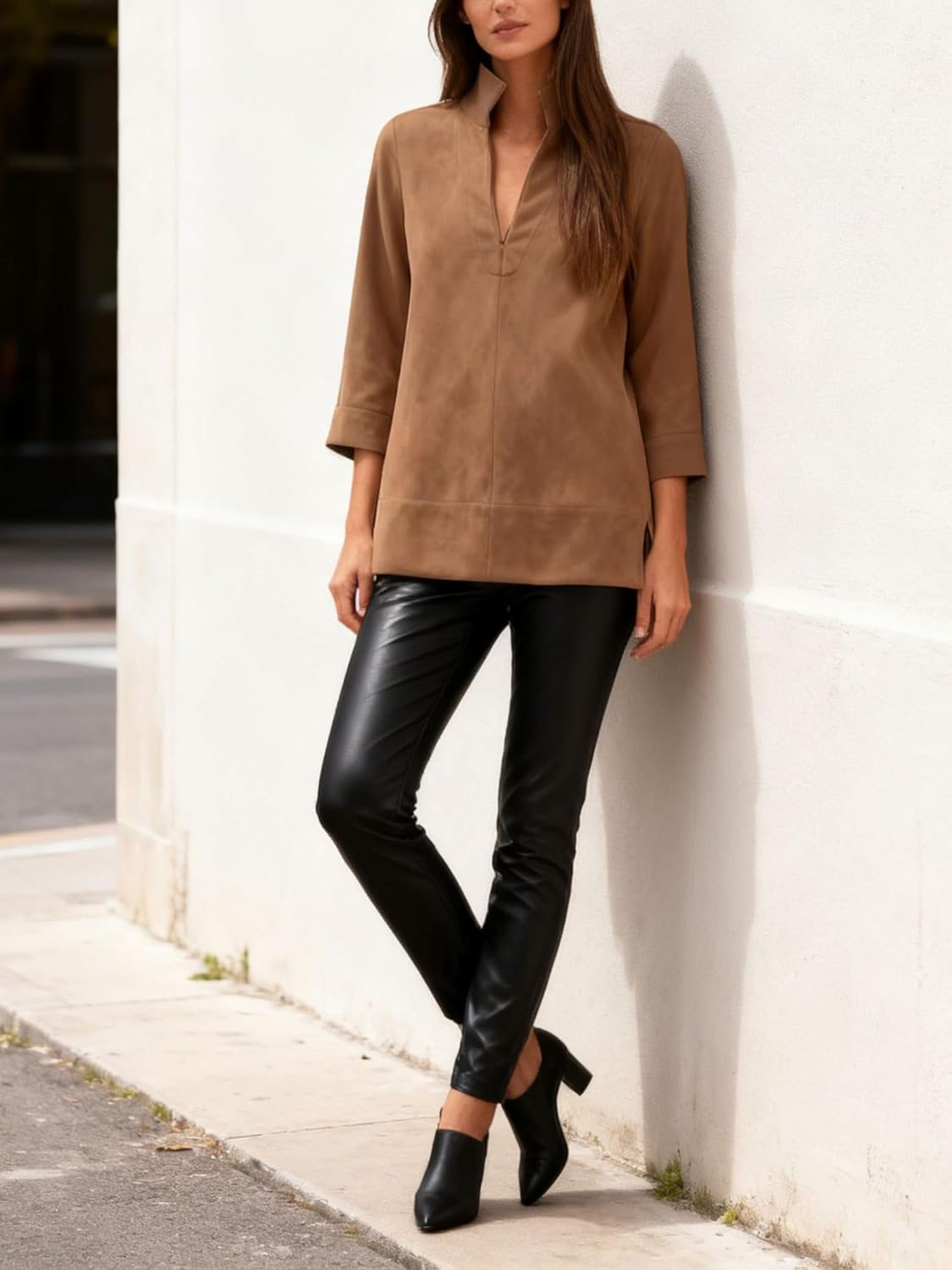 Women's Faux Suede Tunic Tops V Neck 3/4 Sleeve Stand Collar Shirts Dressy Trendy Blouses Casual Daily Wear - Image 3