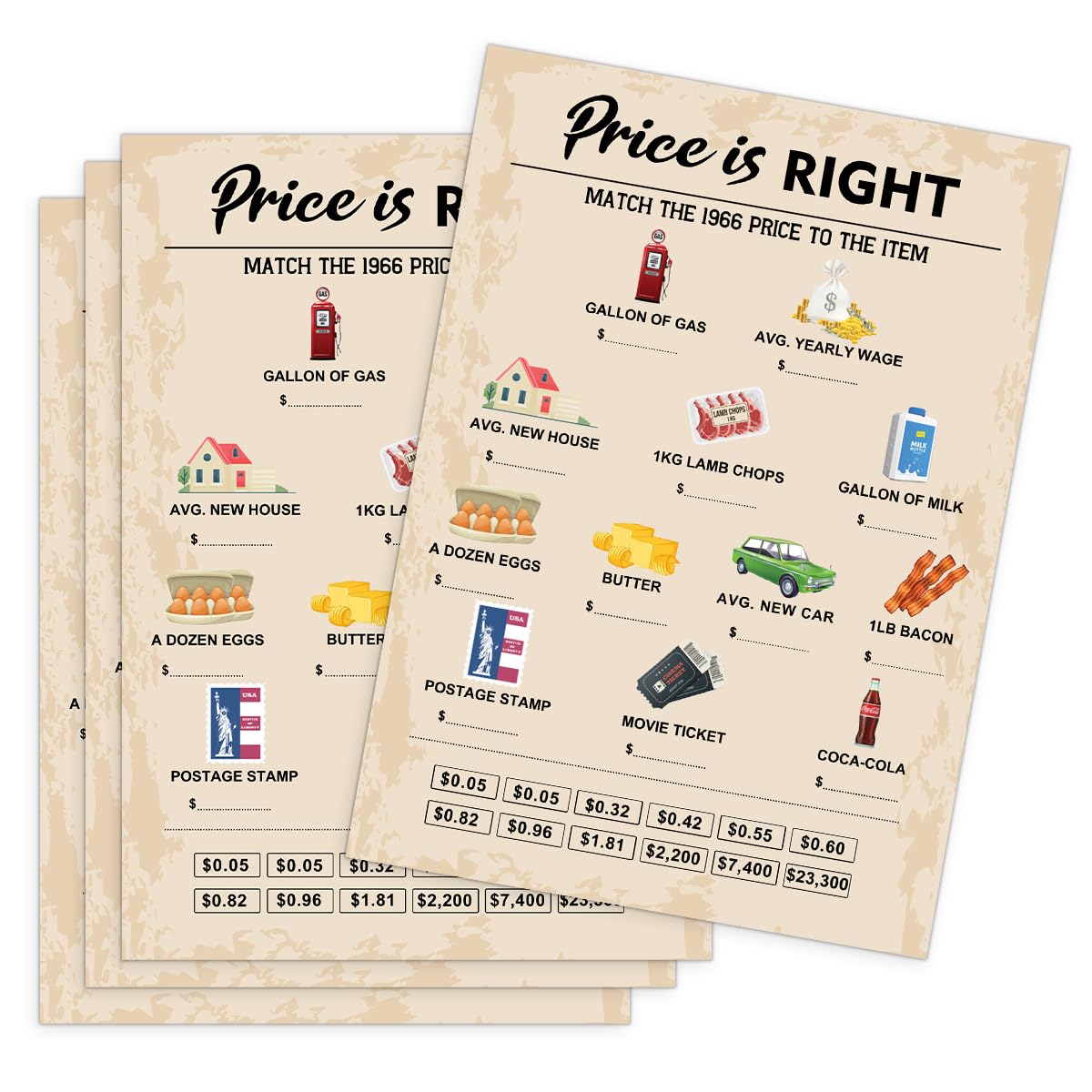 QUPT 60th Birthday Party Games, Price is Right Games, Birthday Party Supplies for Adults, Fun 1966s Party Game，Pack of 30 Cards
