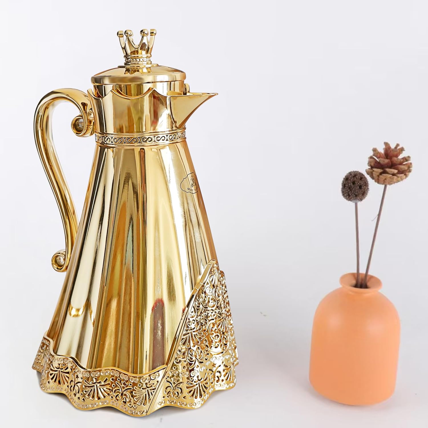 Luxury Arabic Style Insulated Thermal Coffee Carafe,34 oz,Coffee Pot,Arabian Style Vacuum Thermal Carafe Insulated Flask for Tea and Hot Cold Drink,Moving and housewarming blessings (Gold)
