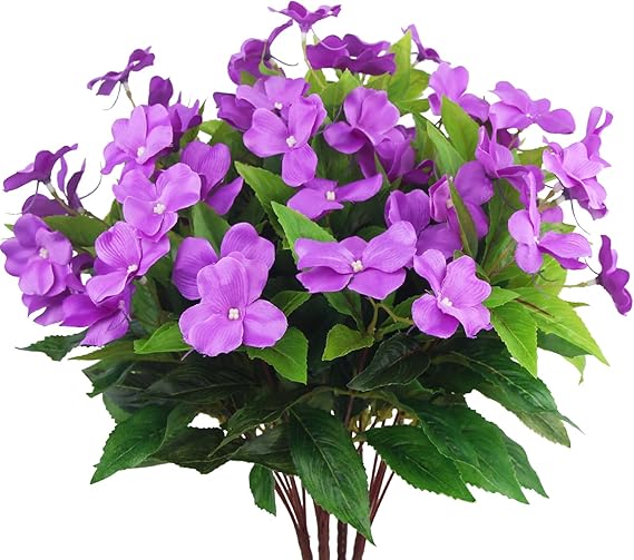 FAICOIA 8 Pcs Artificial Impatiens Flowers - Purple Silk Bouquets For Outdoor & Indoor Decor