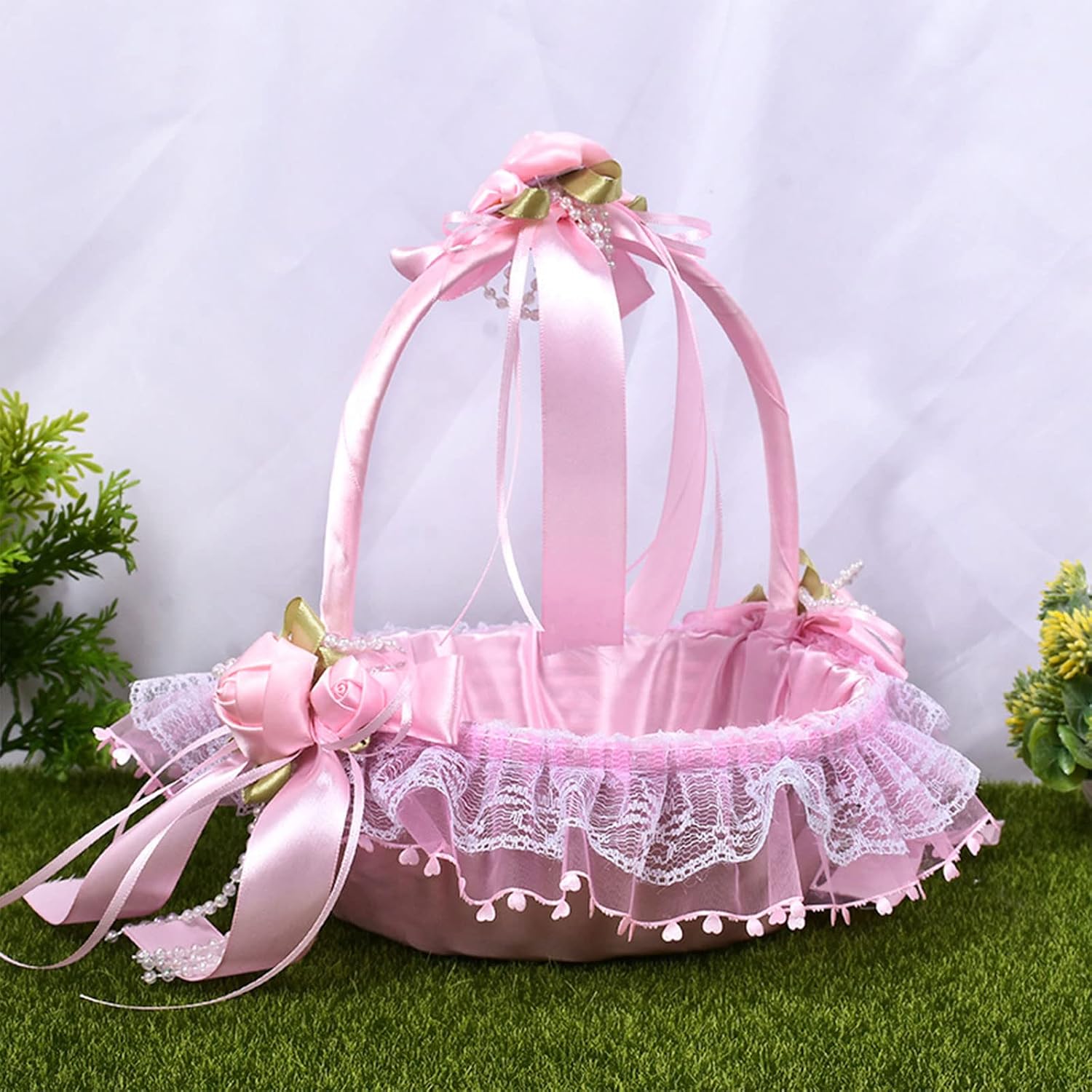 Beautiful Wedding Flower Girl Basket Delicate Bowknot/Blue Lace Collection Basket for Flower Girl Photo Props Wedding Baskets/Blue for Graduation Banquet Party Special