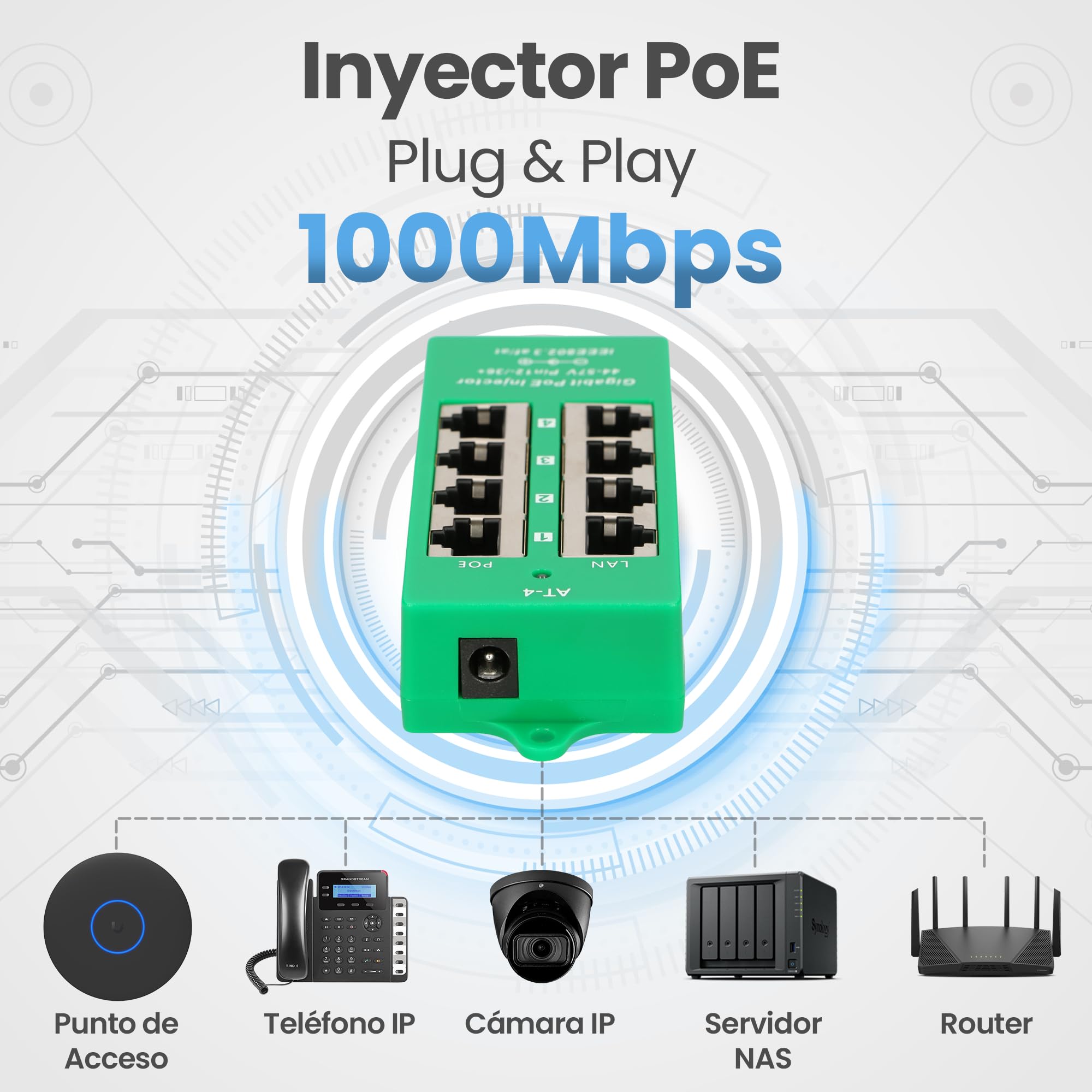 Extralink Inyector PoE 4 Puertos Gigabit 802.3at/AF, Mode A, Fast Ethernet, 4X 1000Mb/s, protección contra Cortocircuito y sobretensión, Puertos RJ-45, Adaptador PoE, PoE Injector, Adaptador PoE