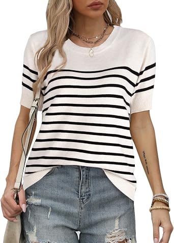 Womens 2026 Striped Tops Sweater Loose Knit Lightweight Short Sleeve Shirt