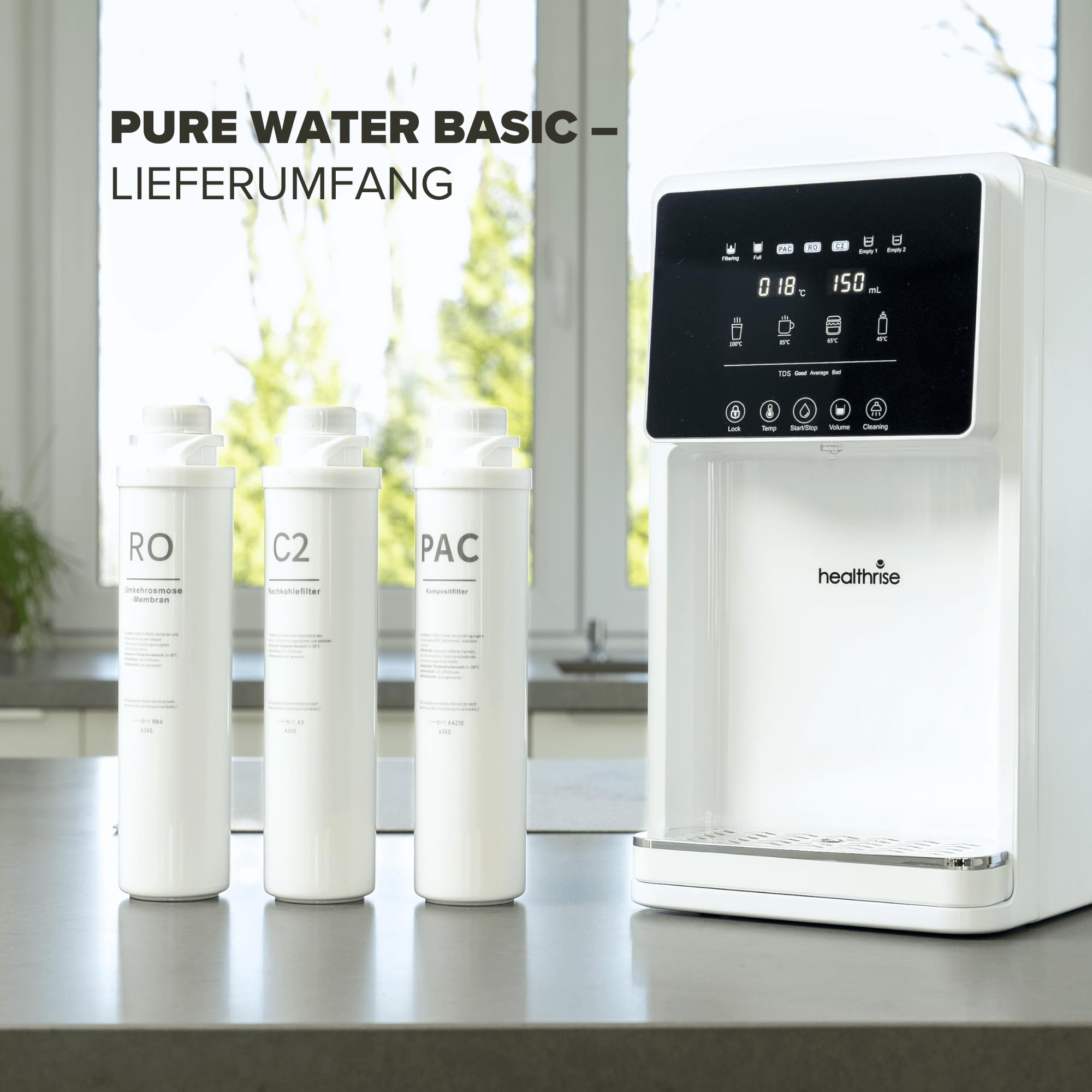 Health Rise Pure Water Basic | Umkehrosmose Wasserfilter | 7 Liter Tank | Heißwasserfunktion | für Haushalt & Büro