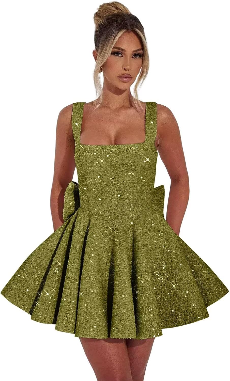 Tianzhihe Sequin Homecoming Dresses with Bow Back Square Neck Spaghetti Straps Short A Line Cocktail Dress for Women