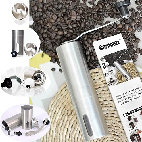 Miniatura 6 de Molinillo de café manual portátil, molinillo de granos de café con molino de rebabas cónicas para preparación de precisión ideal, prensa francesa,