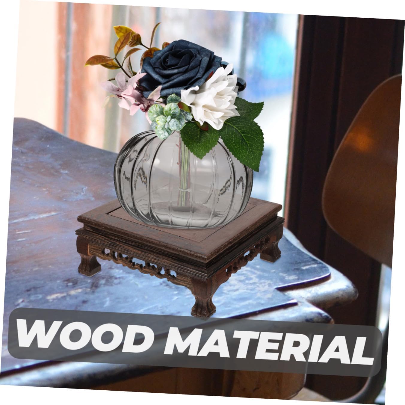 Chinese Decorative Plant Stand Wood Carving Ornament Display Vase Holder Home Dorm Decor Random Style