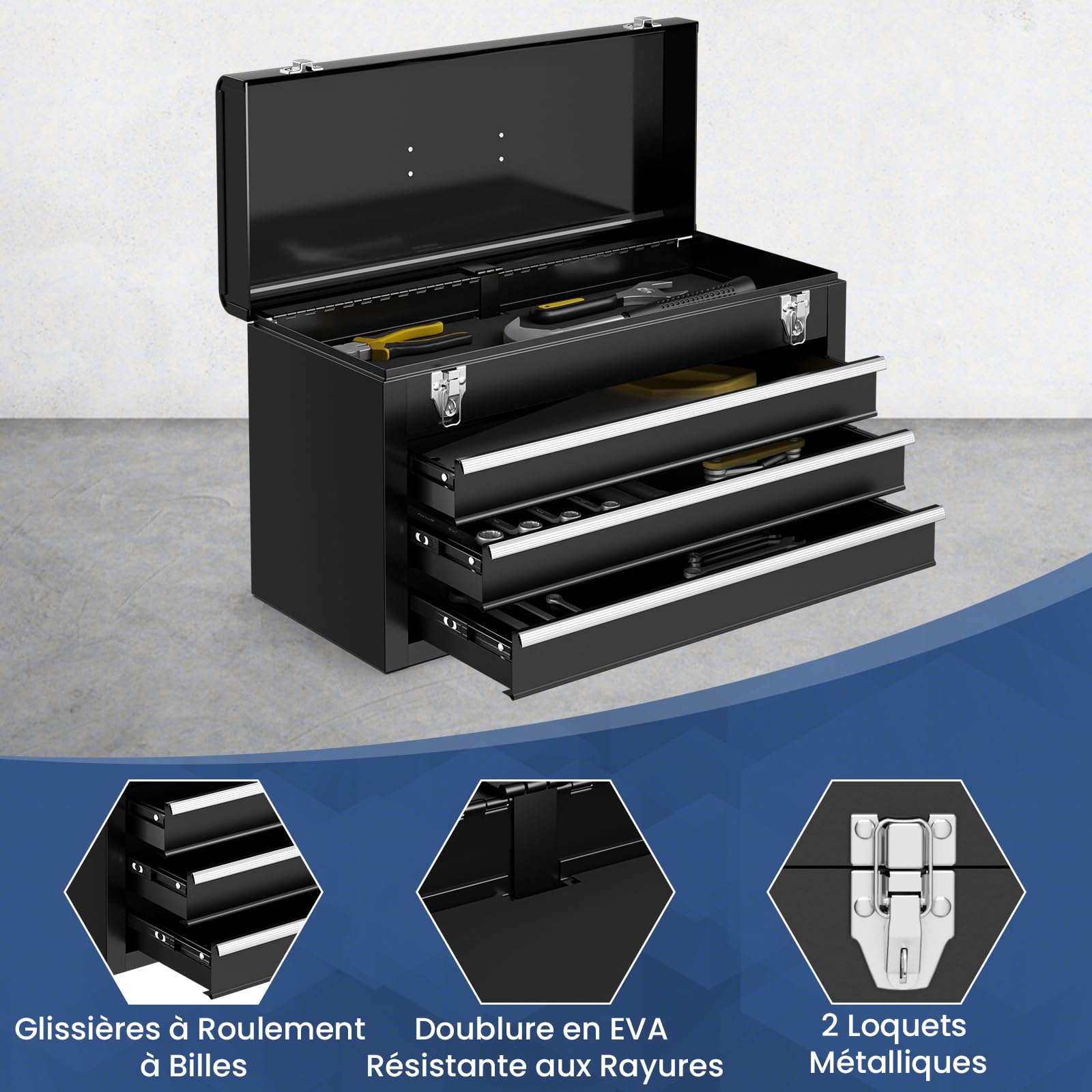 GYMAX Boîte à Outils en Métal avec 3 Tiroirs et Plateau Supérieur | Caisse à Rangeme Portable, 2 Loquets de Sécurité, Doublures en EVA et Glissières à Roulements à Billes, Poignée de Transport