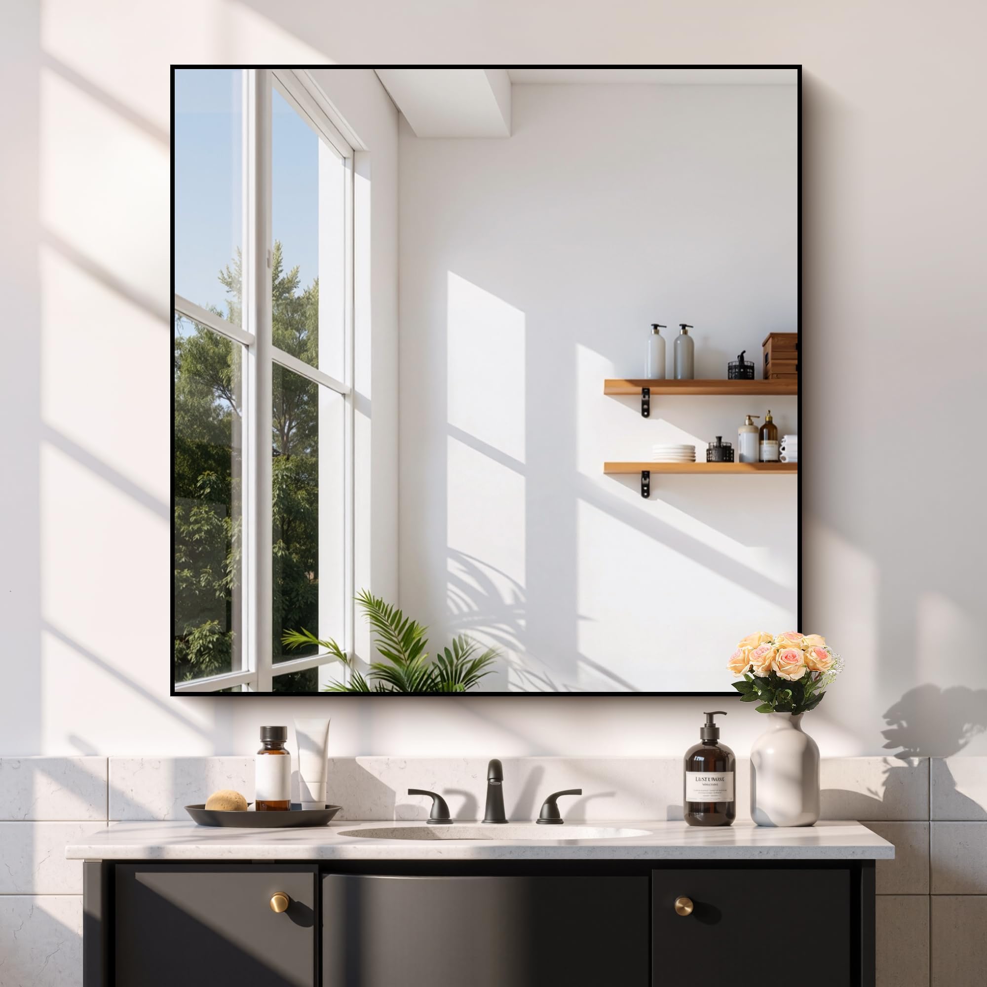 Black Bathroom Mirror for Wall 39x39 Inch Rectangle Mirror with Metal Frame Square Modern Vanity Mirrors for Bathroom