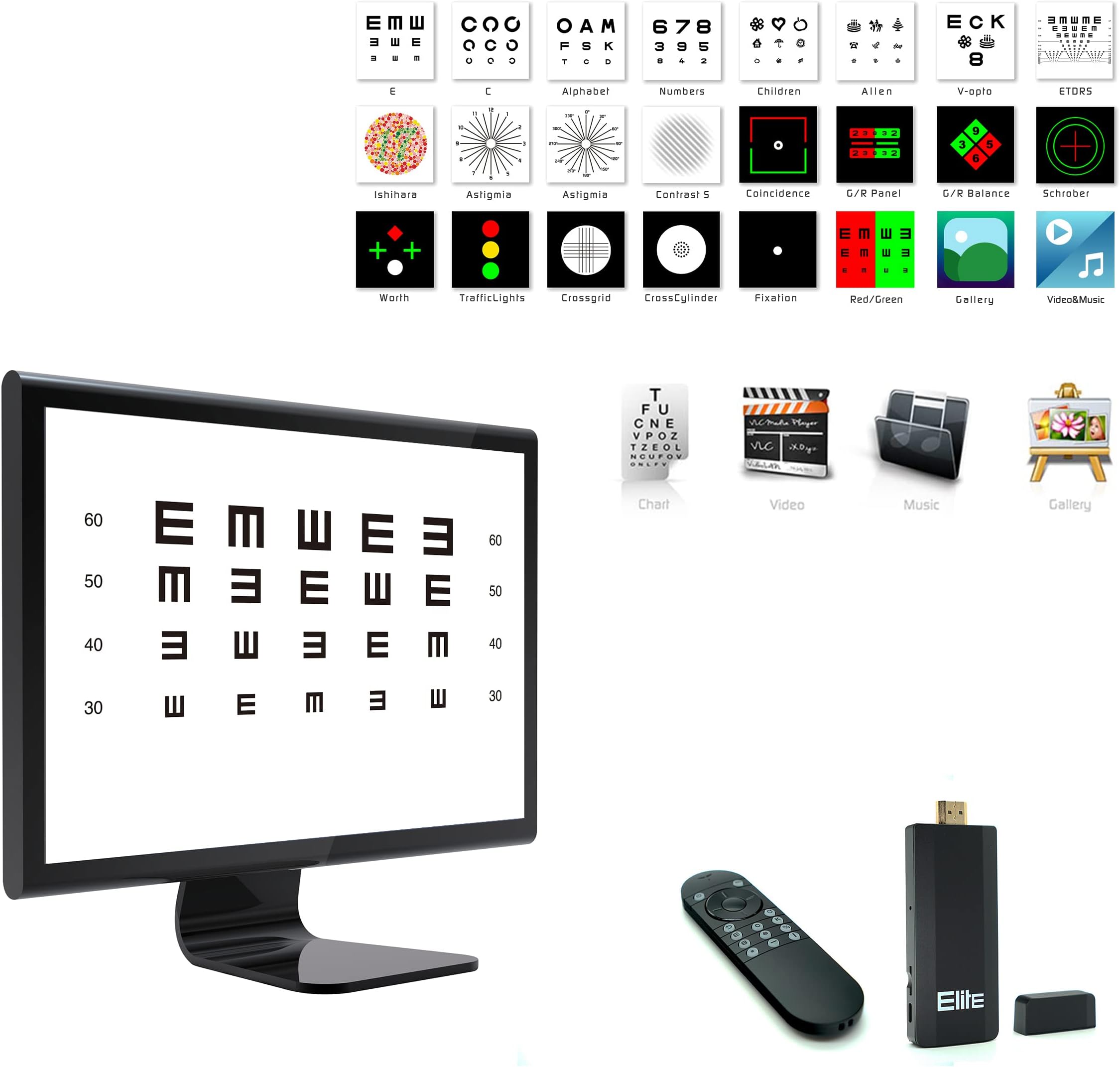 Elite Digital Eye Chart, Visual Acuity Chart System with Wireless Fluorescent Keypad Remote, No Computer Needed, Fits Any TV or Monitors, Simply Plug and Play, High Definition Up to 4K - 2 Set