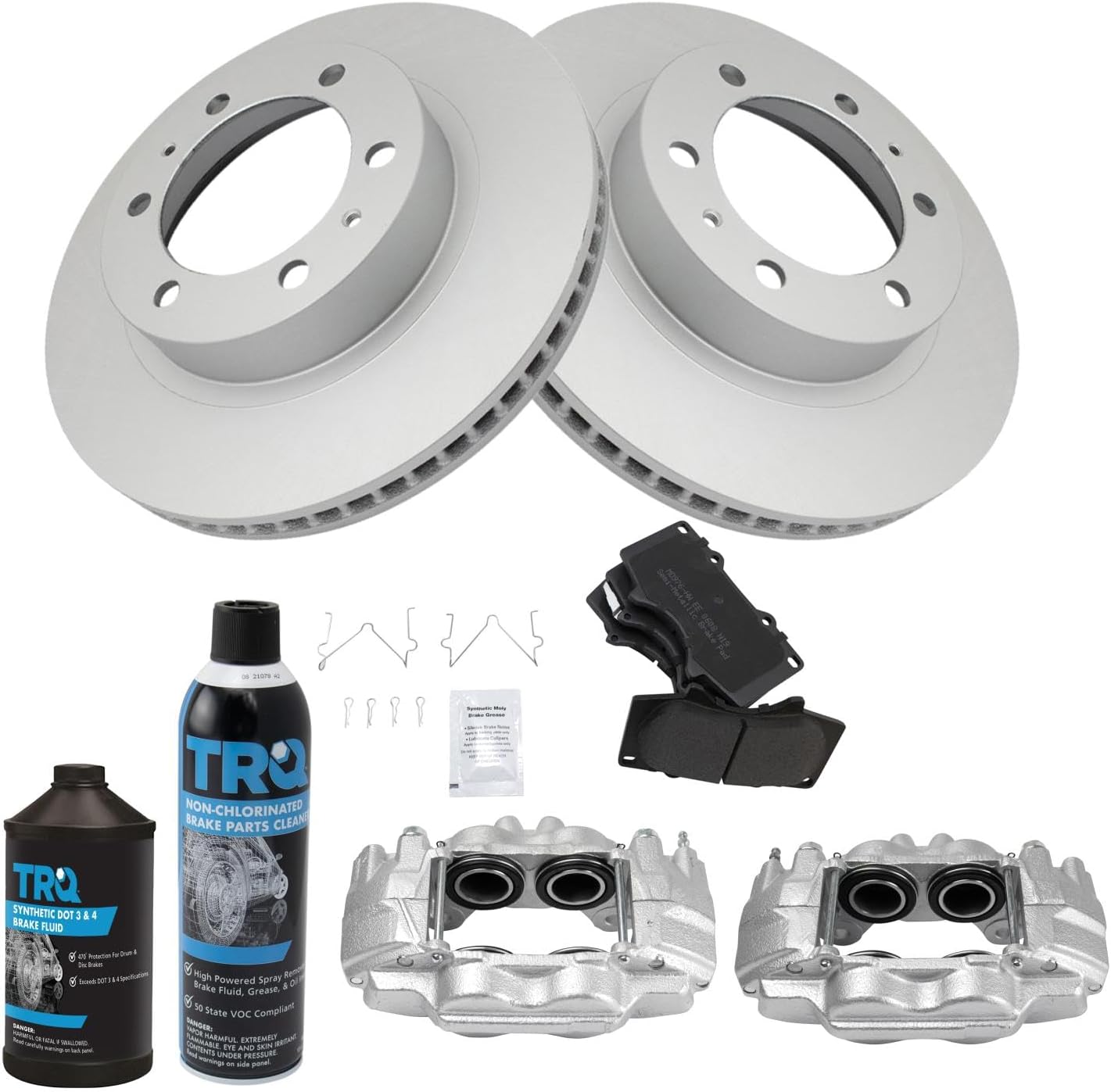 TRQ Front Brake Pad & Rotor Kit Brake Caliper Brake Chemical Kit Brake Pads Brake Rotor Semi-Metallic Premium G-Coated Compatible with 2003-2009 Toyota 4Runner 2007-2014 FJ Cruiser 2005-2020 Tacoma