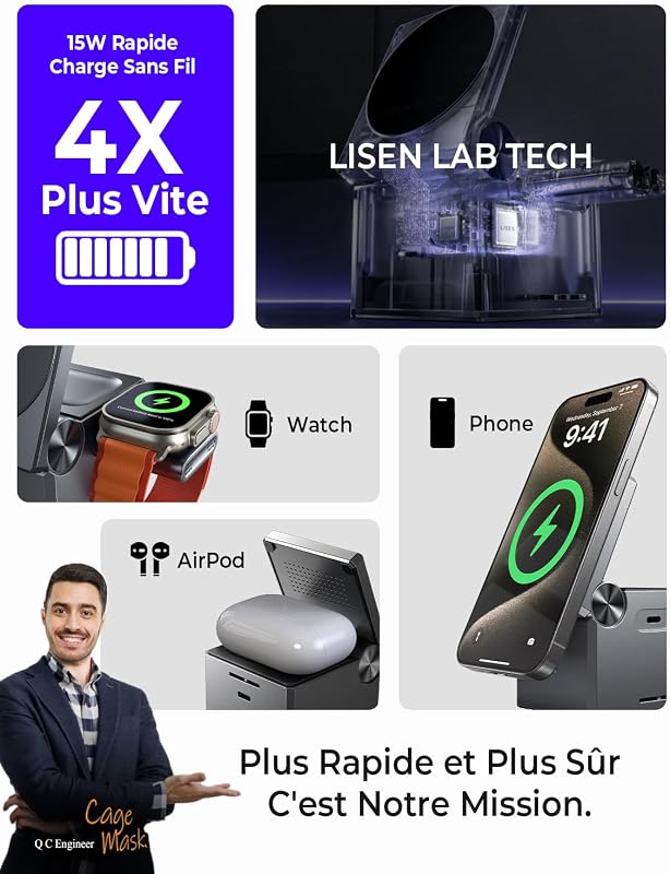 LISEN 3 az 1-ben MagSafe Vezeték Nélküli Töltőállomás iPhone 15/Pro/Max Készülékekhez, Apple Watch és AirPods Kompatibilis, 20W Adapterrel