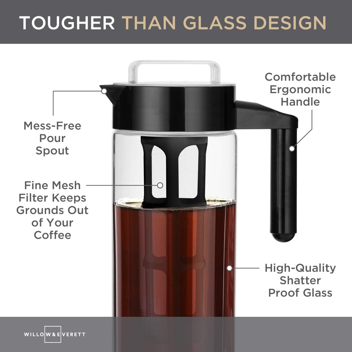 Willow & Everett Cold Brew Coffee & Iced-Tea Maker Pitcher, 1.3 L Glass Dispenser Metal & Plastic Lid Mesh Filter Iced Coffee & Sun Tea Brewing System