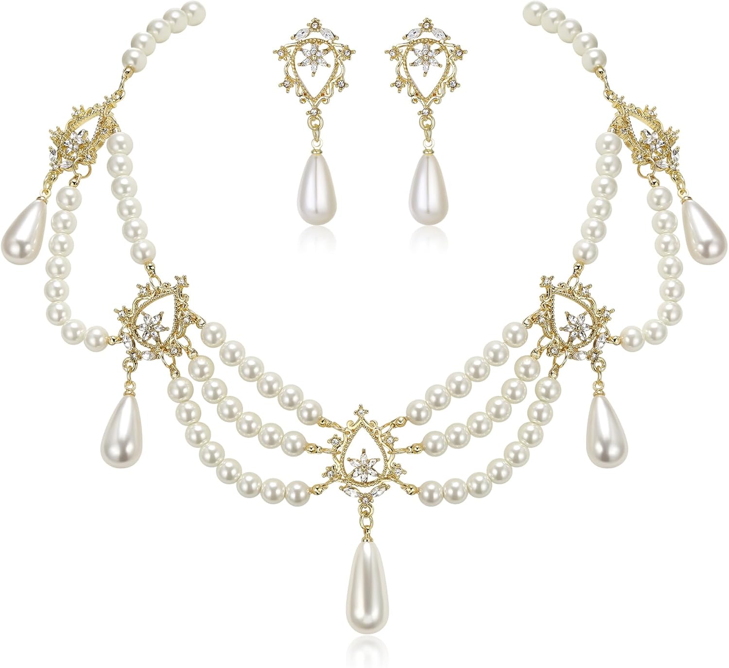 BriLove 1920s Simulated Pearls Halloween Gothic Costume Multi Layered Collar Necklace Dangle Earrings Set for Women Vampire Cosplay Party Prom Accessory