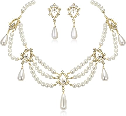 BriLove 1920s Simulated Pearls Halloween Gothic Costume Jewelry Set | Multi Layered Collar Necklace Dangle Earrings for Women Vampire Cosplay Party Prom Accessory