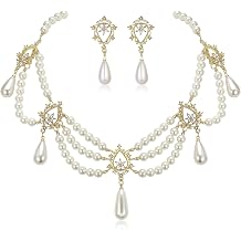 BriLove 1920s Simulated Pearls Halloween Gothic Costume Jewelry Set | Multi Layered Collar Necklace Dangle Earrings for Women Vampire Cosplay Party Prom Accessory