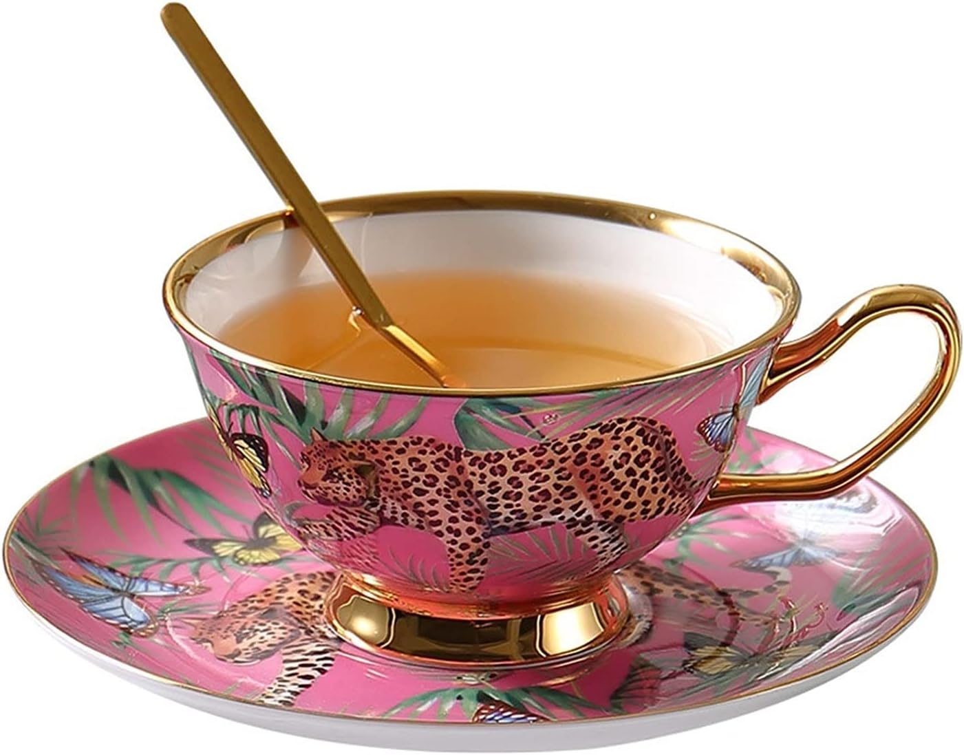 Simple Porcelain Leopard Coffee Mug and Saucer Set, 6.76oz/200ml Cute Unbreakable Espresso Cups Cappuccino Warmer Mugs with Handle Smoothie Cups Teacups Breakfast Pineapple Tea Cup Party Cups Dec