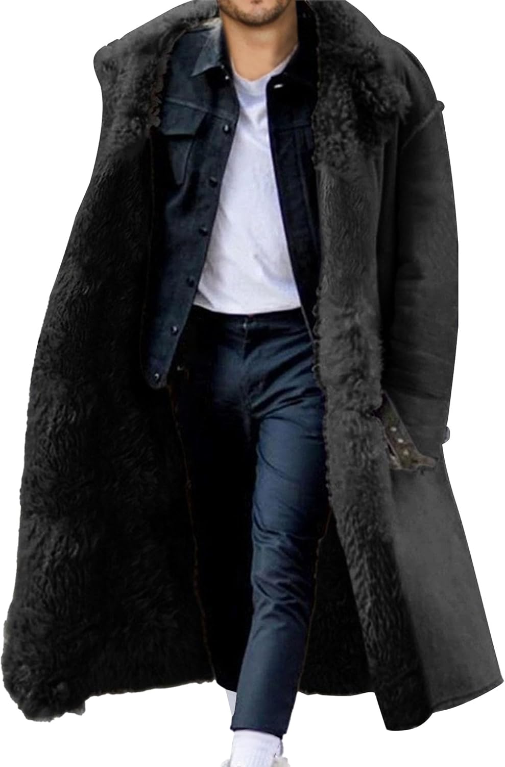 Men's Sherpa Lined Long Jacket Faux Leather Shearling Thicken Trench Coats Winter Warm Sheepskin Loose Outwear