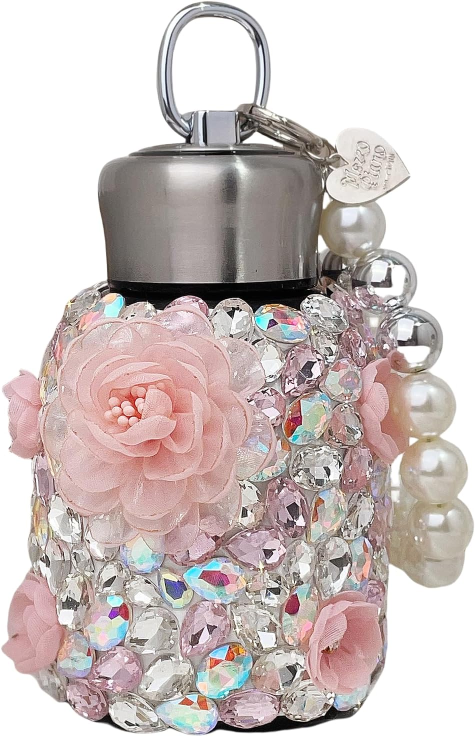 Bling Insulated Water Bottle Double Wall 10oz Stainless Steel Vacuum Flask with Glitter Rhinestones and Cute Flowers, Keep Cold Water Bottle with Pearls Bracelet Handle,White