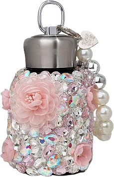 Bling Insulated Water Bottle Double Wall 10oz Stainless Steel Vacuum Flask with Glitter Rhinestones and Cute Flowers, Keep Cold Water Bottle with Pearls Bracelet Handle,Pink