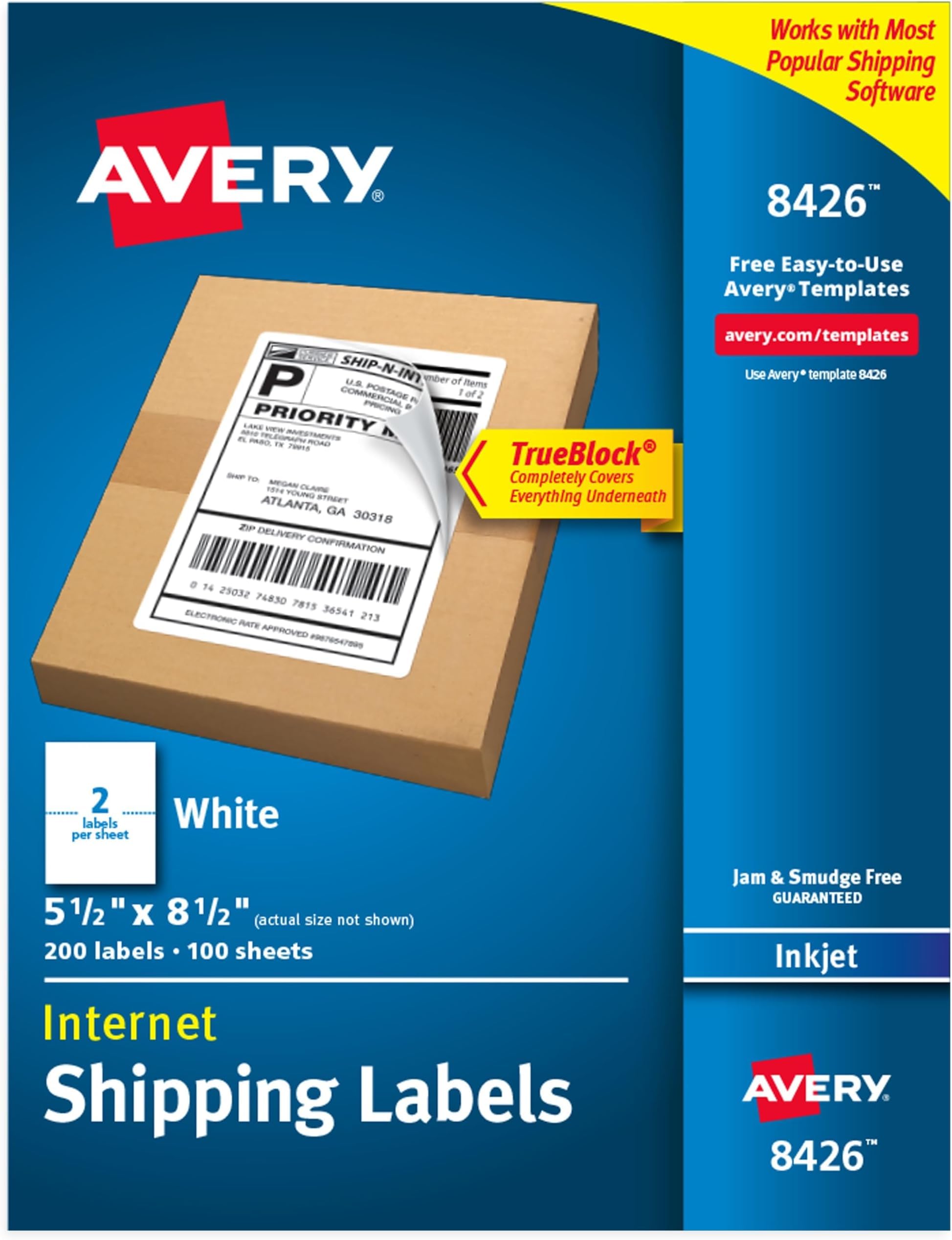 Avery Printable Shipping Labels, 5.5" x 8.5" Customizable Stickers, White, 200 Blank Mailing Labels, Great for Mailing, Shipping, Organizing, and More (8426) One Size (Pack of 5)