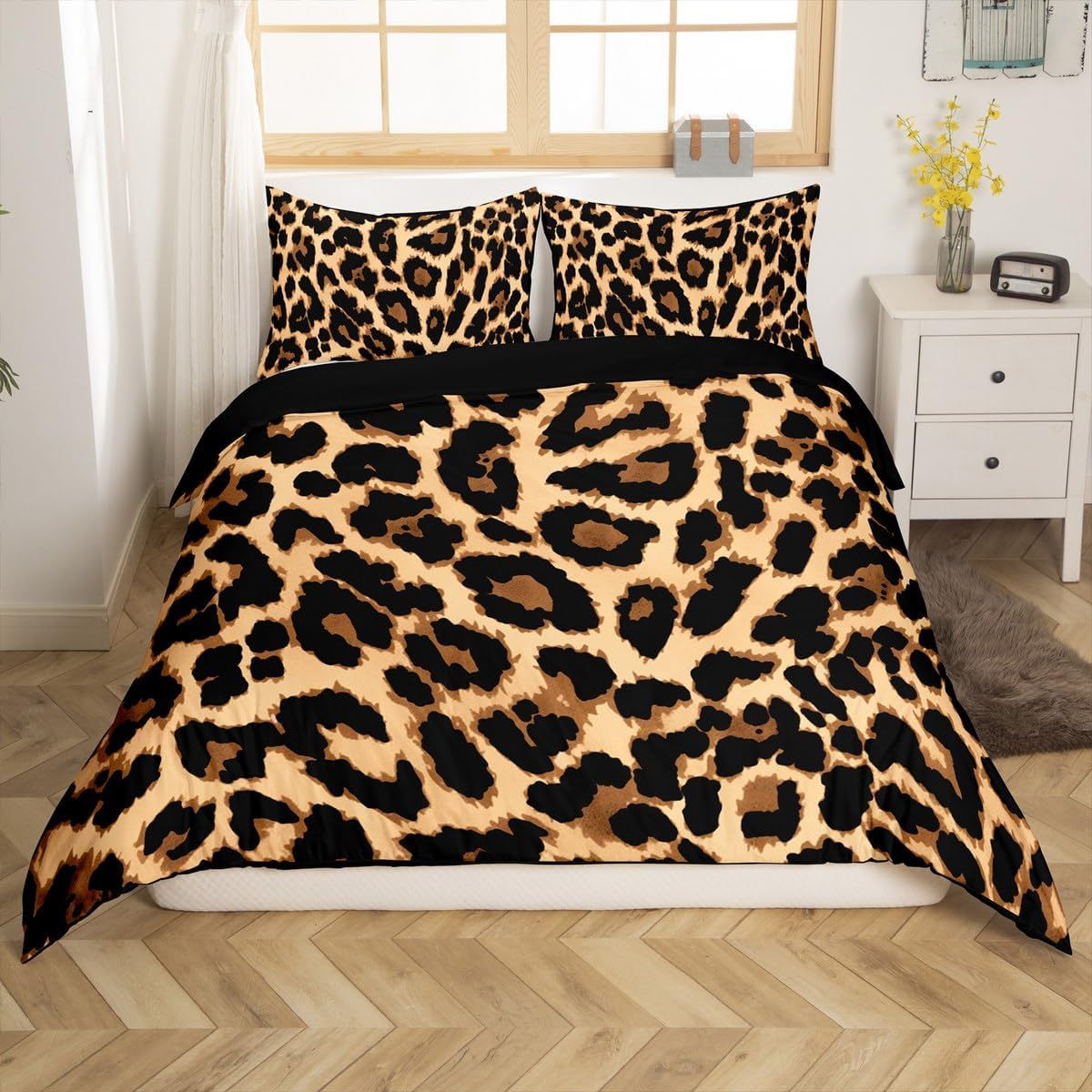 Feelyou Leopard Print Comforter Cover Set Full Size Cheetah Printed Bed Duvet Cover Black Brown Leopard Bedding Sets for Kids Girls Women Bedroom Decorative Africa Wild Animal Bed Set (No Comforter)